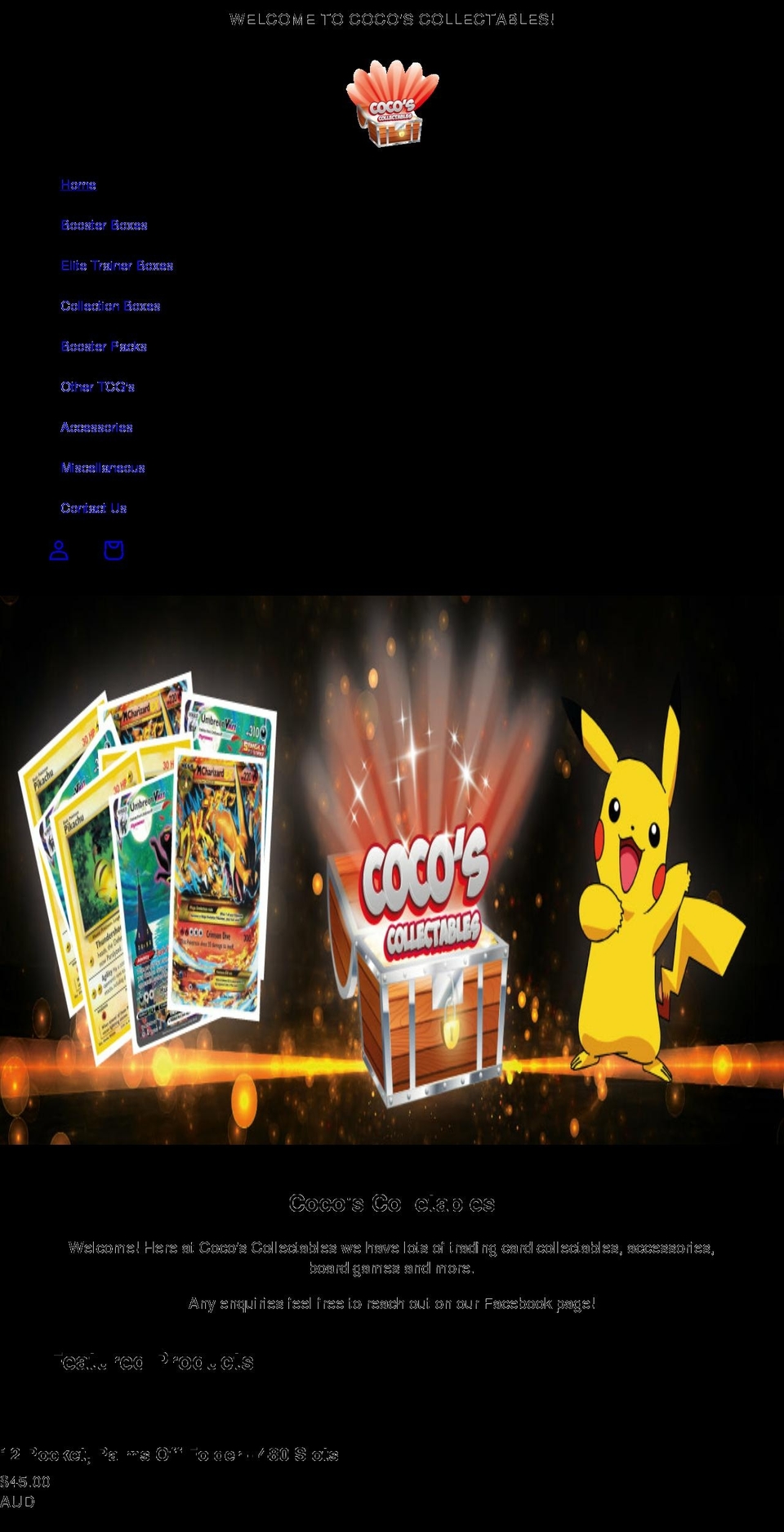 cocoscollectables.com shopify website screenshot