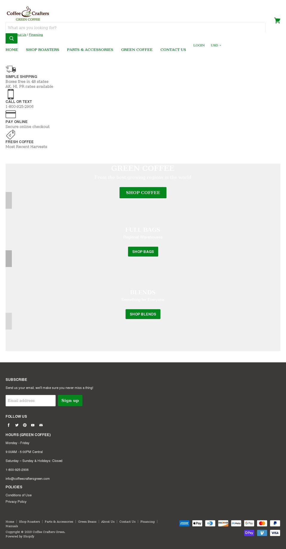 coffeecraftersgreen.com shopify website screenshot