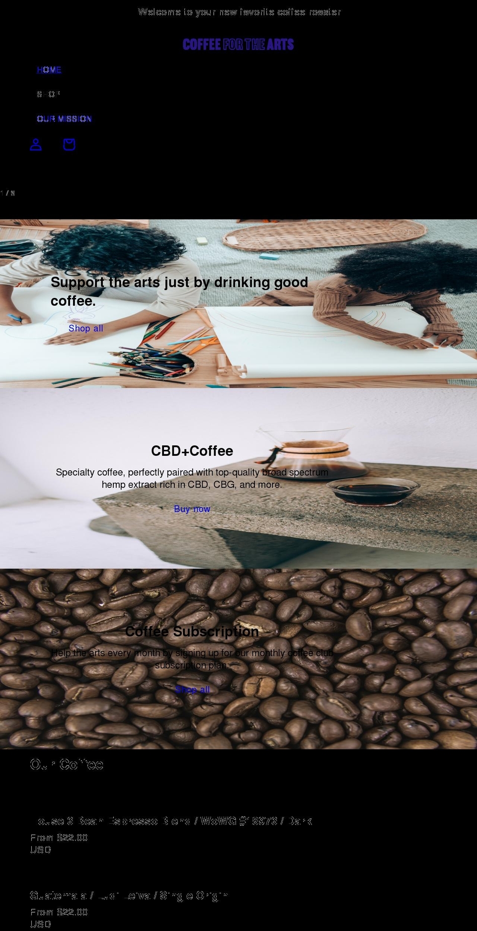 coffeeforthearts.com shopify website screenshot
