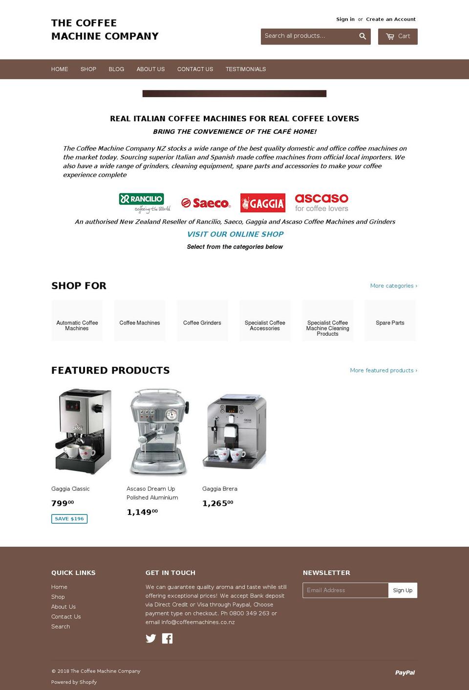 coffeemachines.co.nz shopify website screenshot