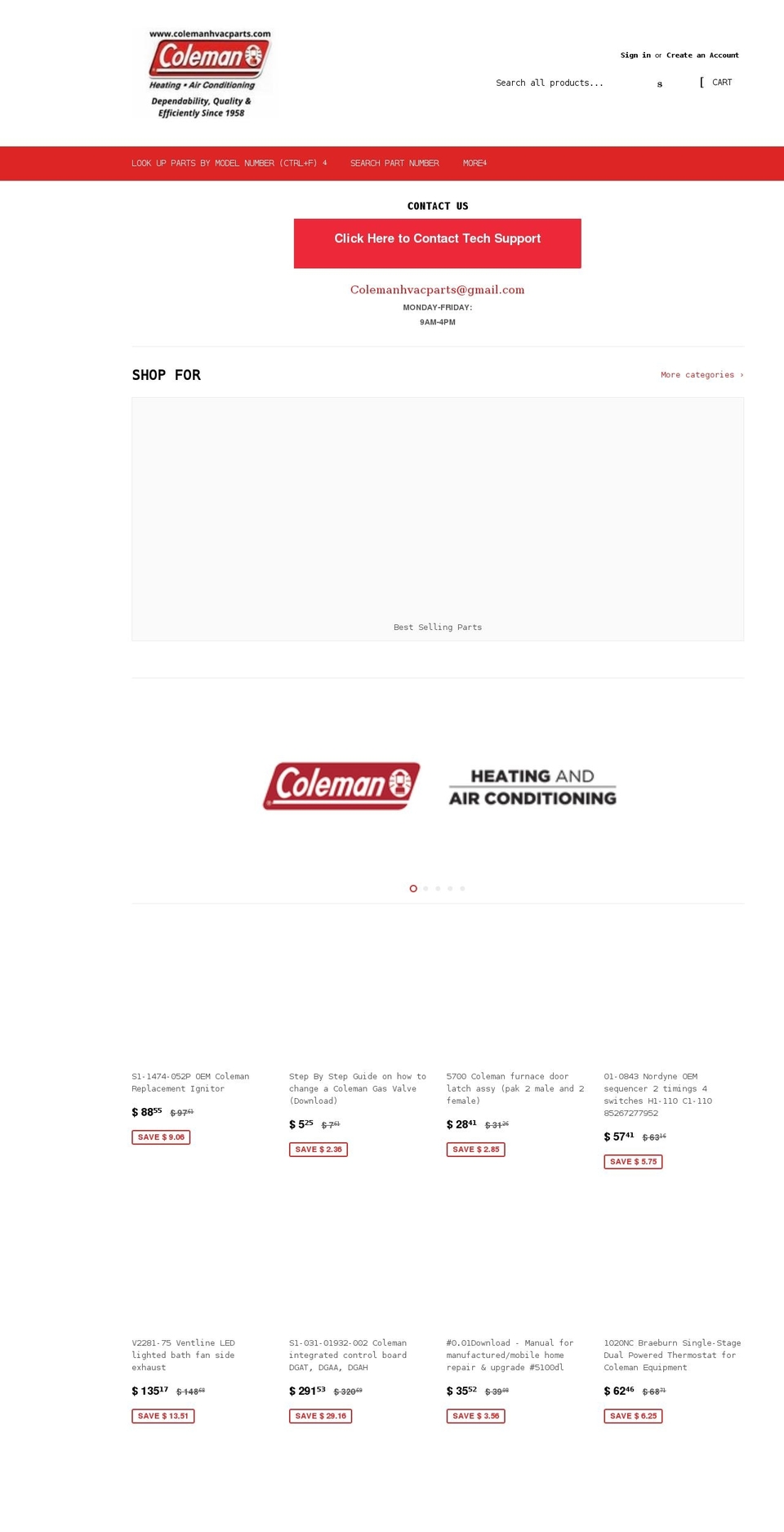 colemanhvacparts.com shopify website screenshot