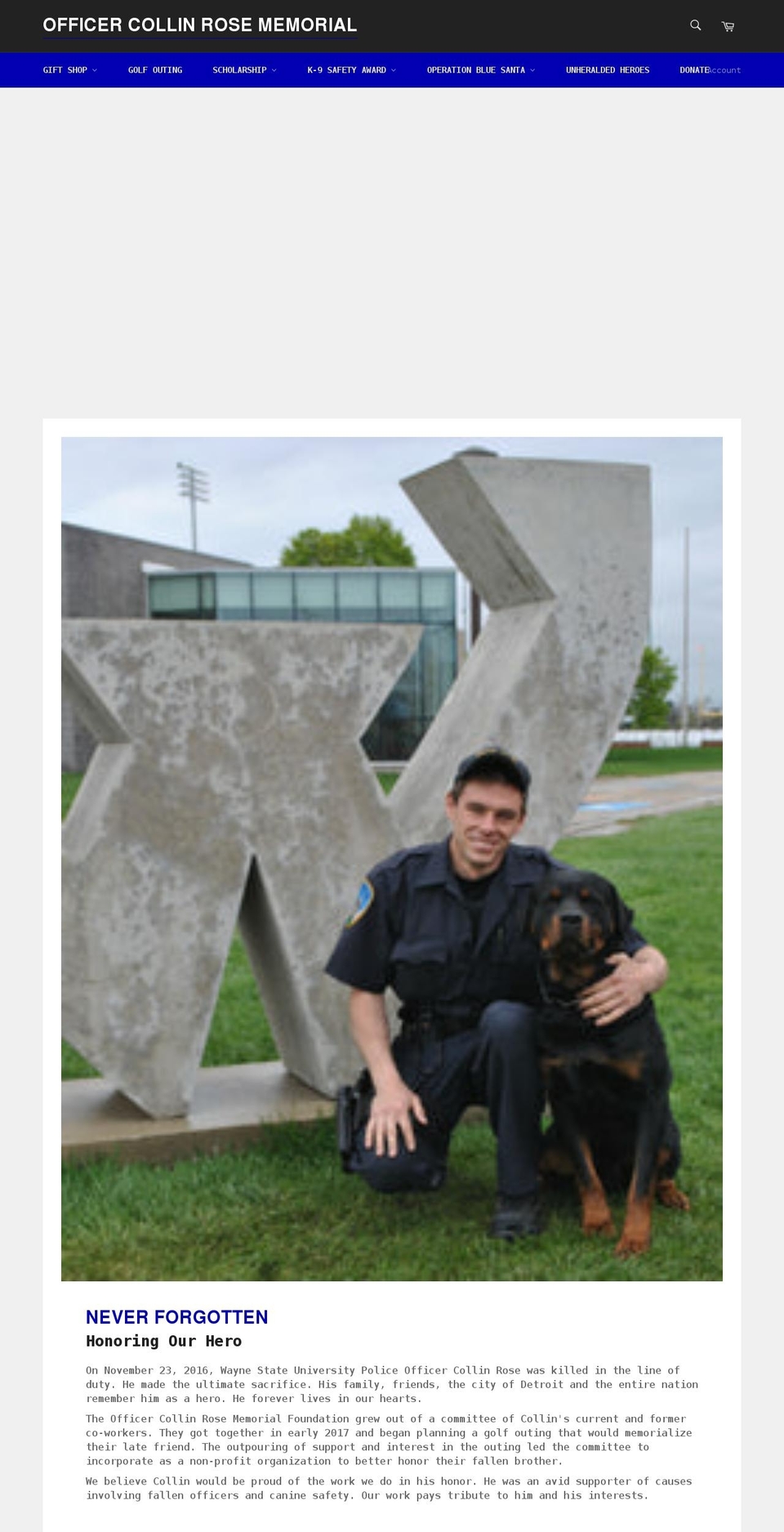 collinrosememorial.org shopify website screenshot