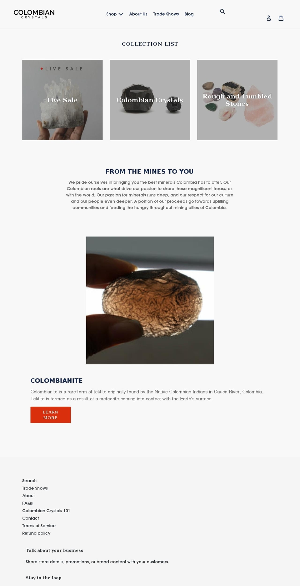 colombiancrystals.com shopify website screenshot