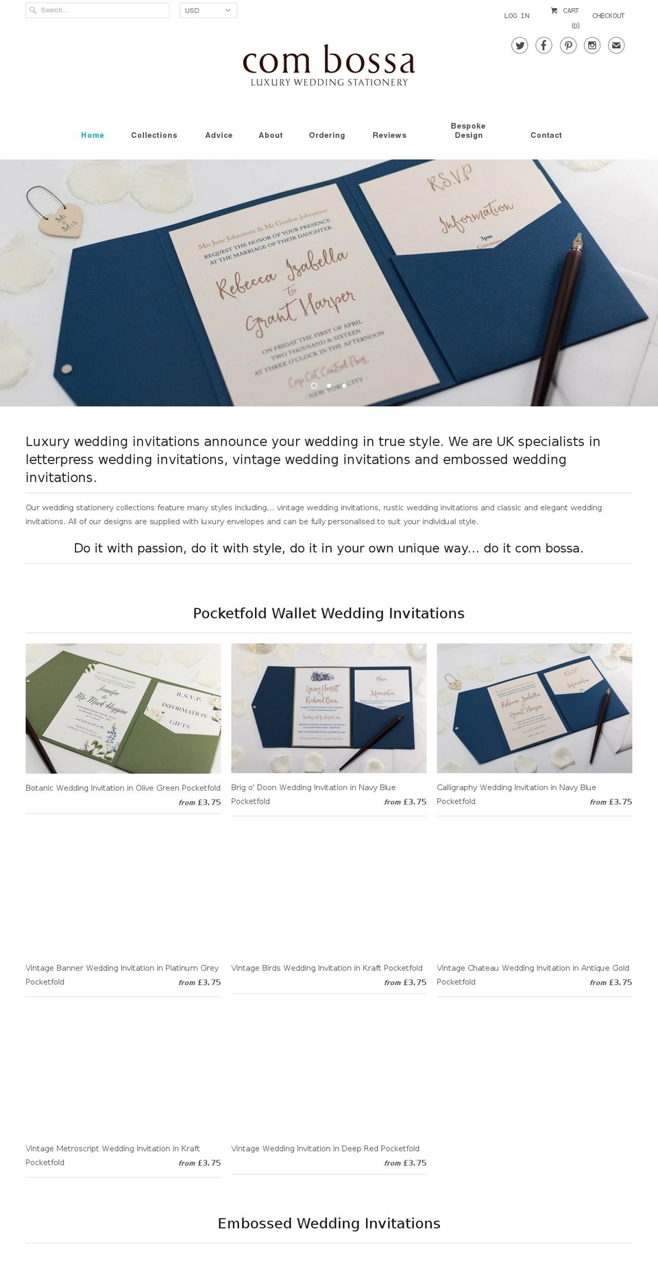 combossaweddinginvitations.co.uk shopify website screenshot