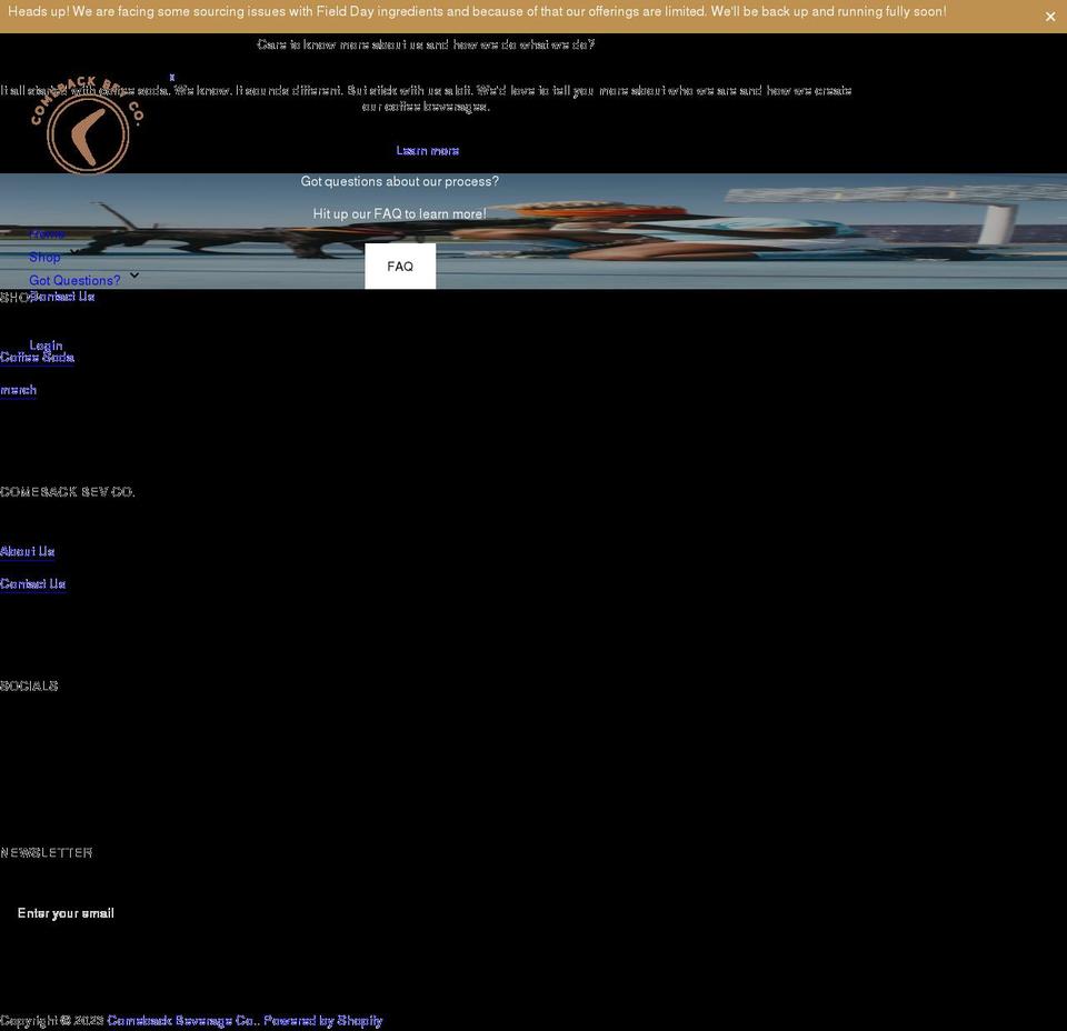 comebackbevco.com shopify website screenshot
