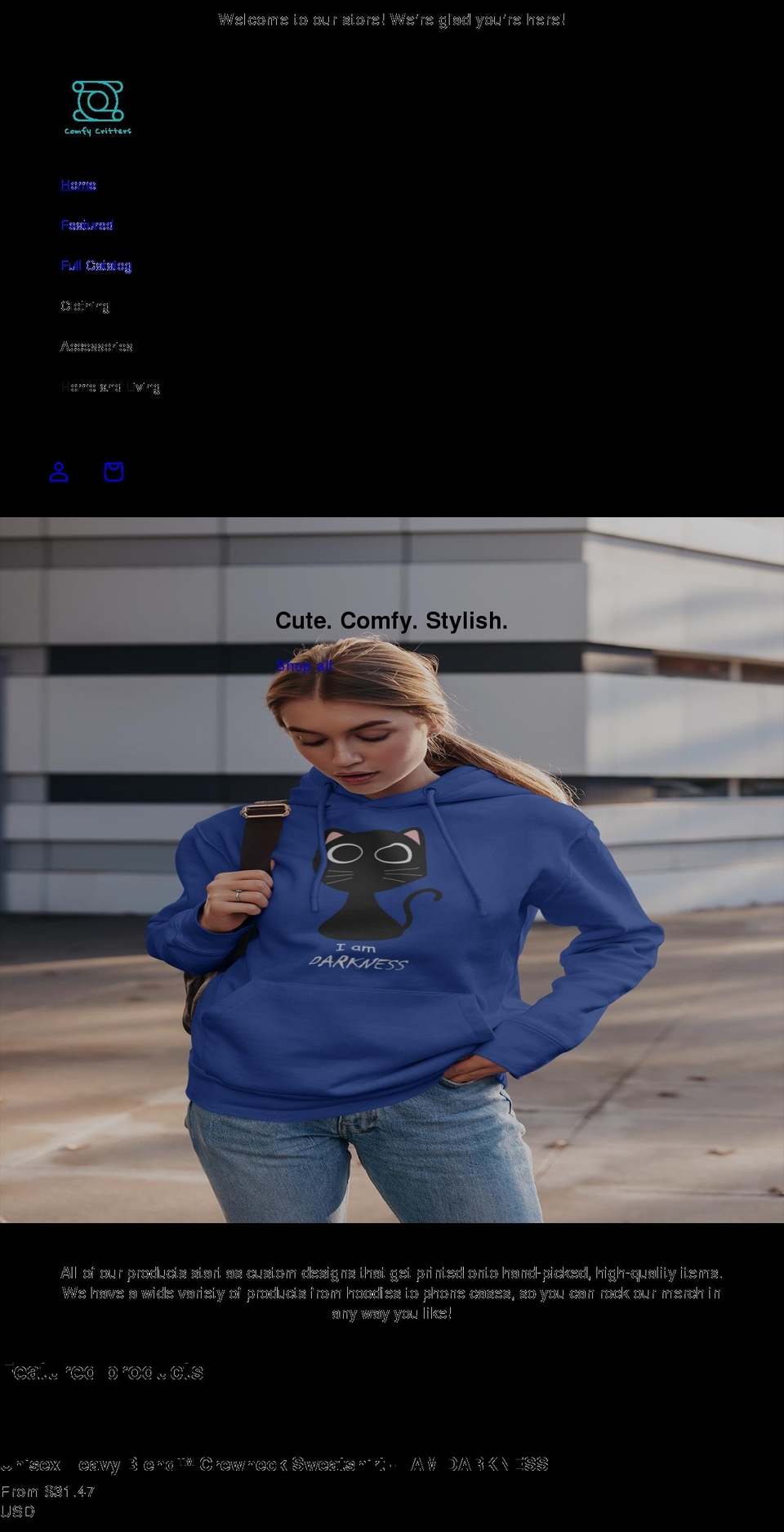 comfy-critters.com shopify website screenshot