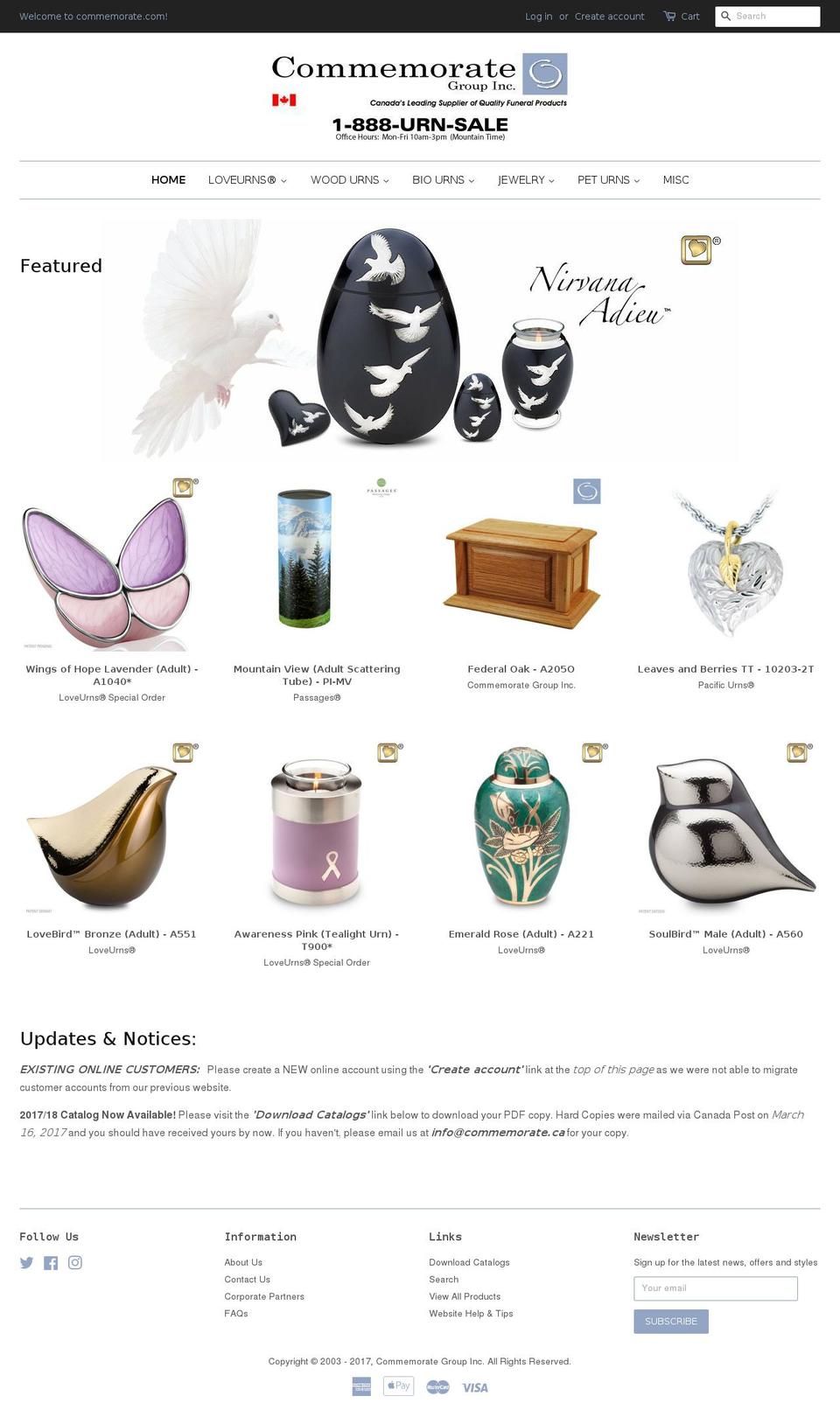 commemorateurns.com shopify website screenshot