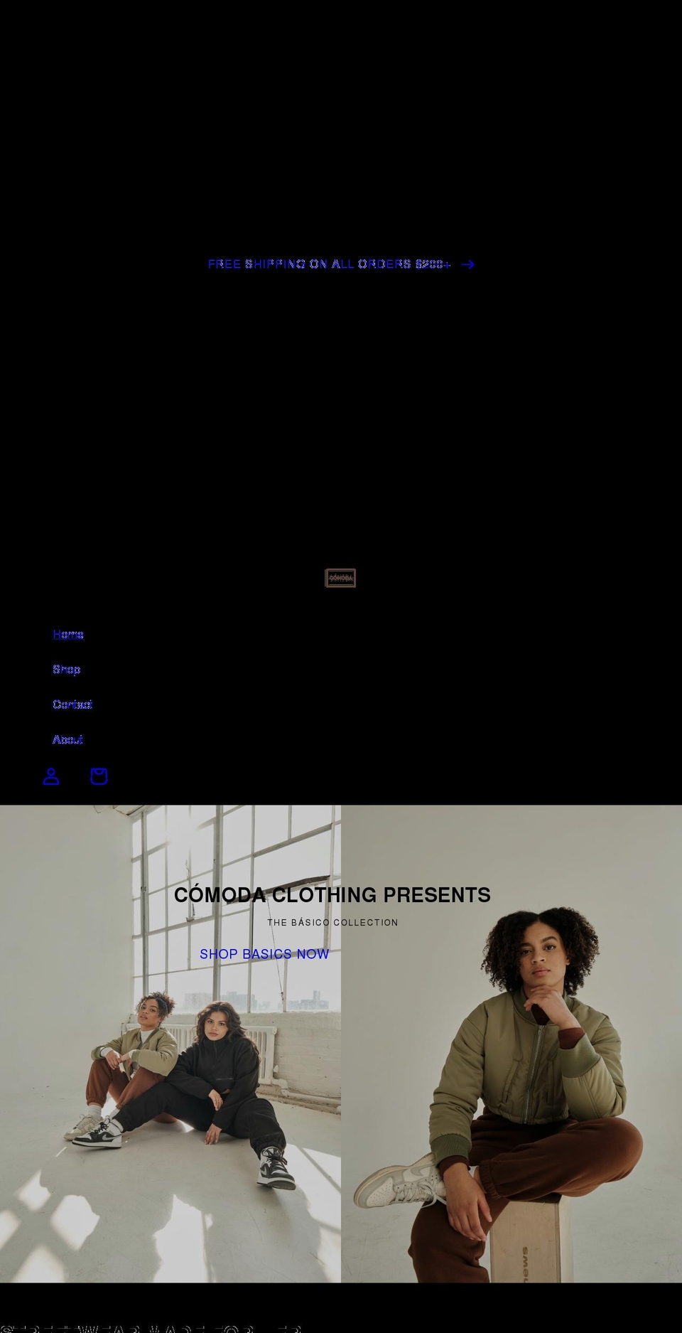 comodaclothing.com shopify website screenshot