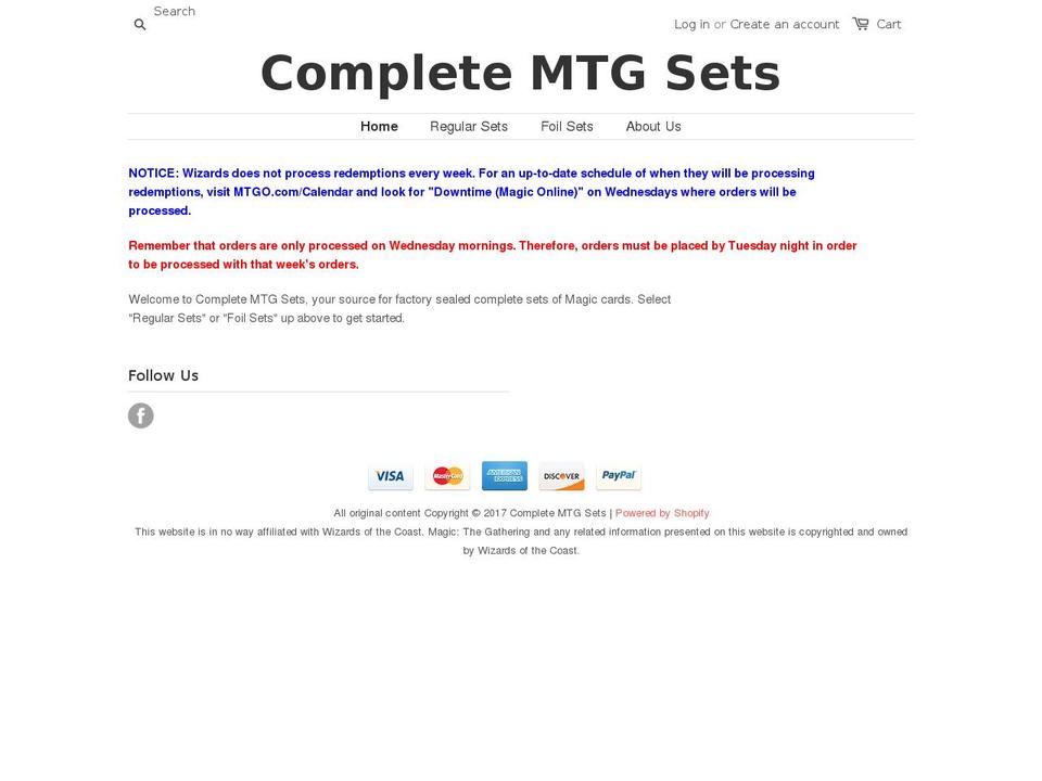 completemtgsets.com shopify website screenshot