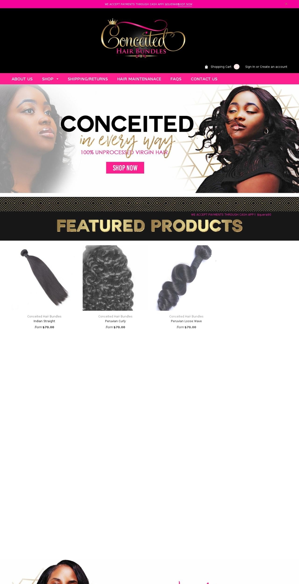 conceitedhairbundles.com — Shopify storefront screenshot