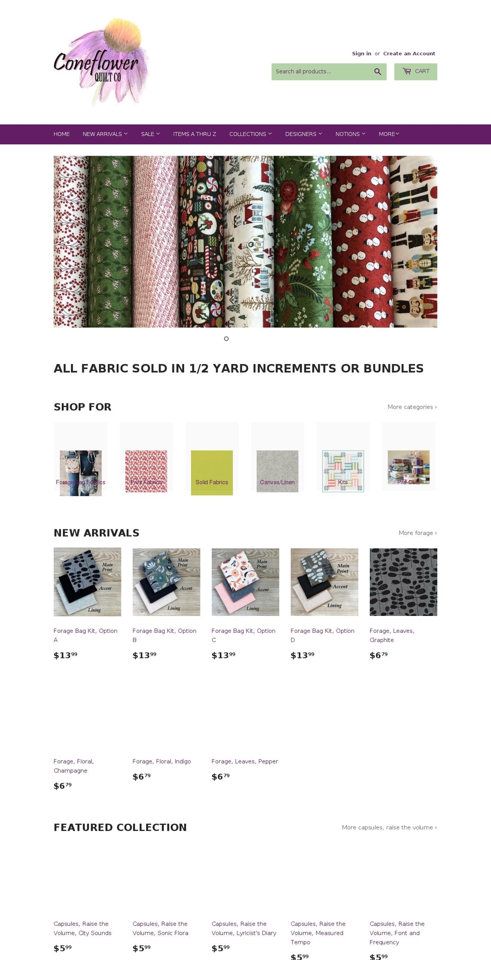 coneflowerquiltco.com shopify website screenshot