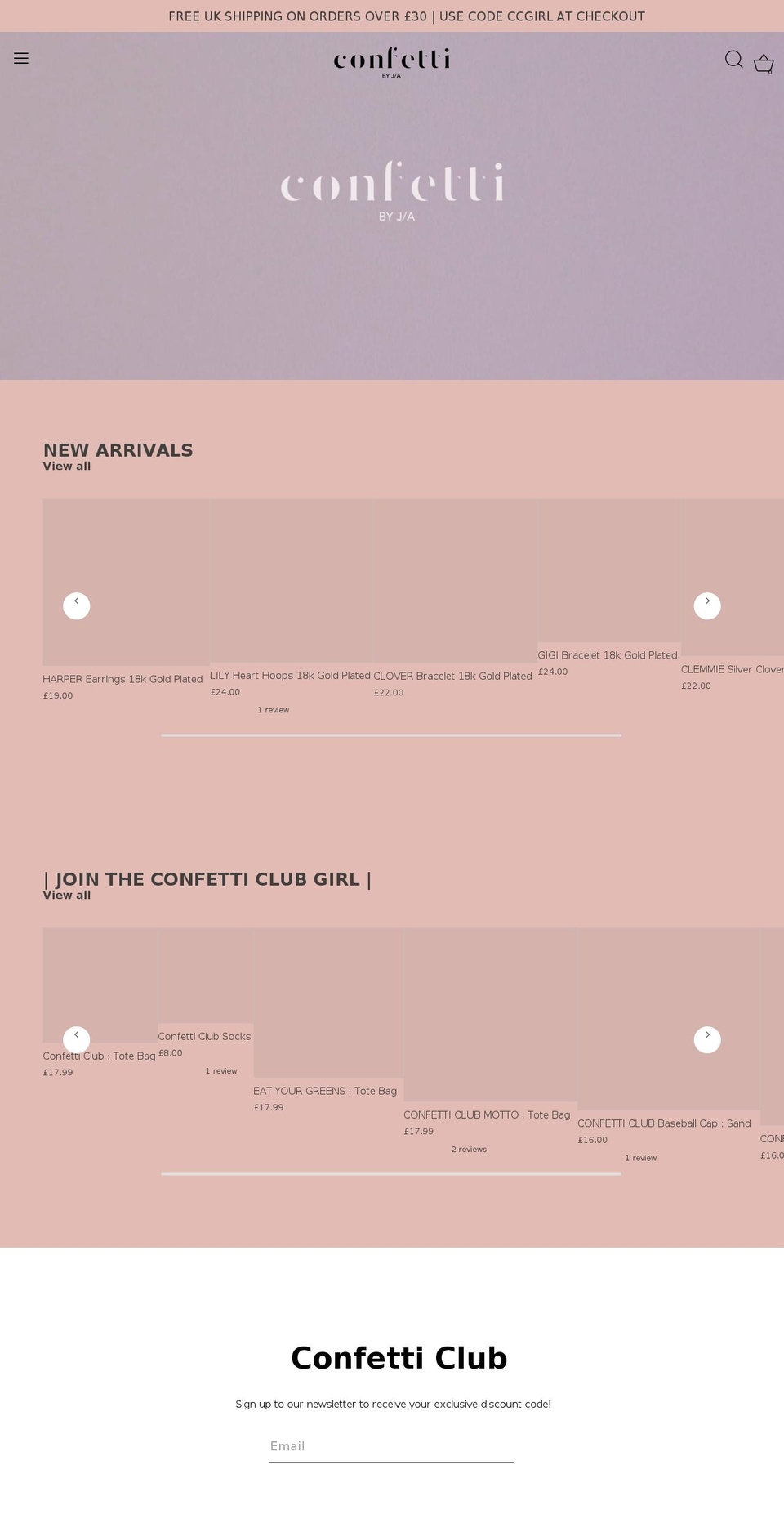 confettibyja.com shopify website screenshot