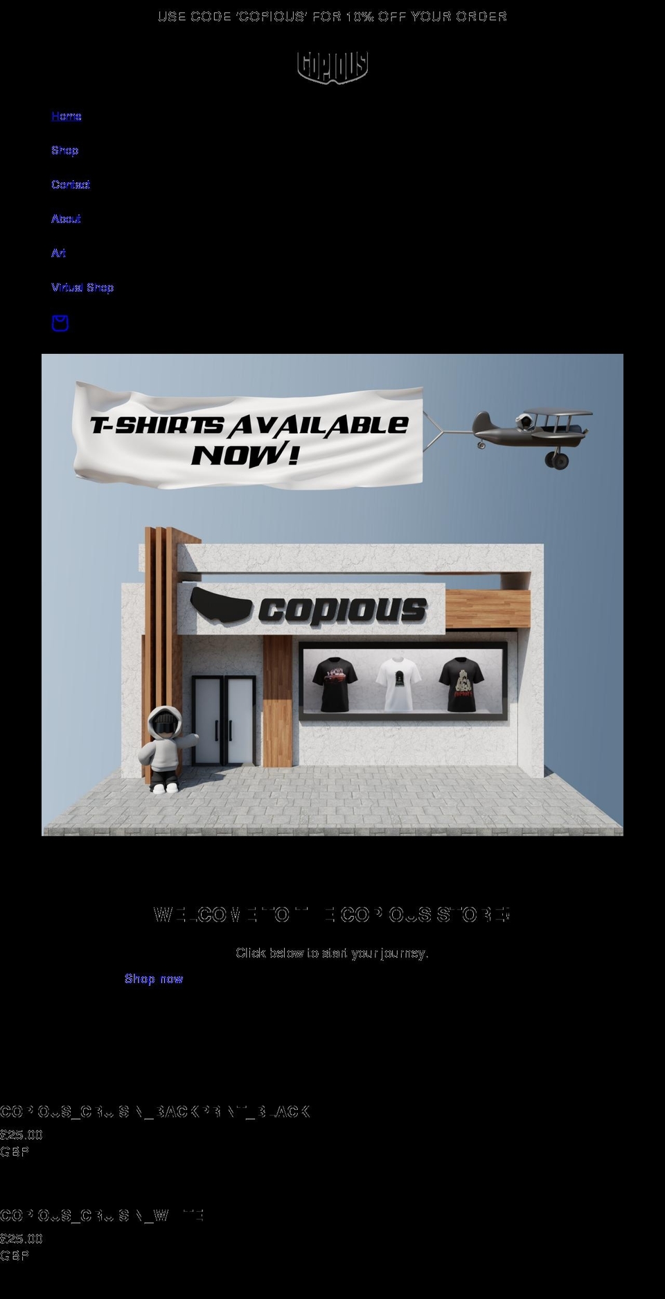 copiousclothing.com shopify website screenshot