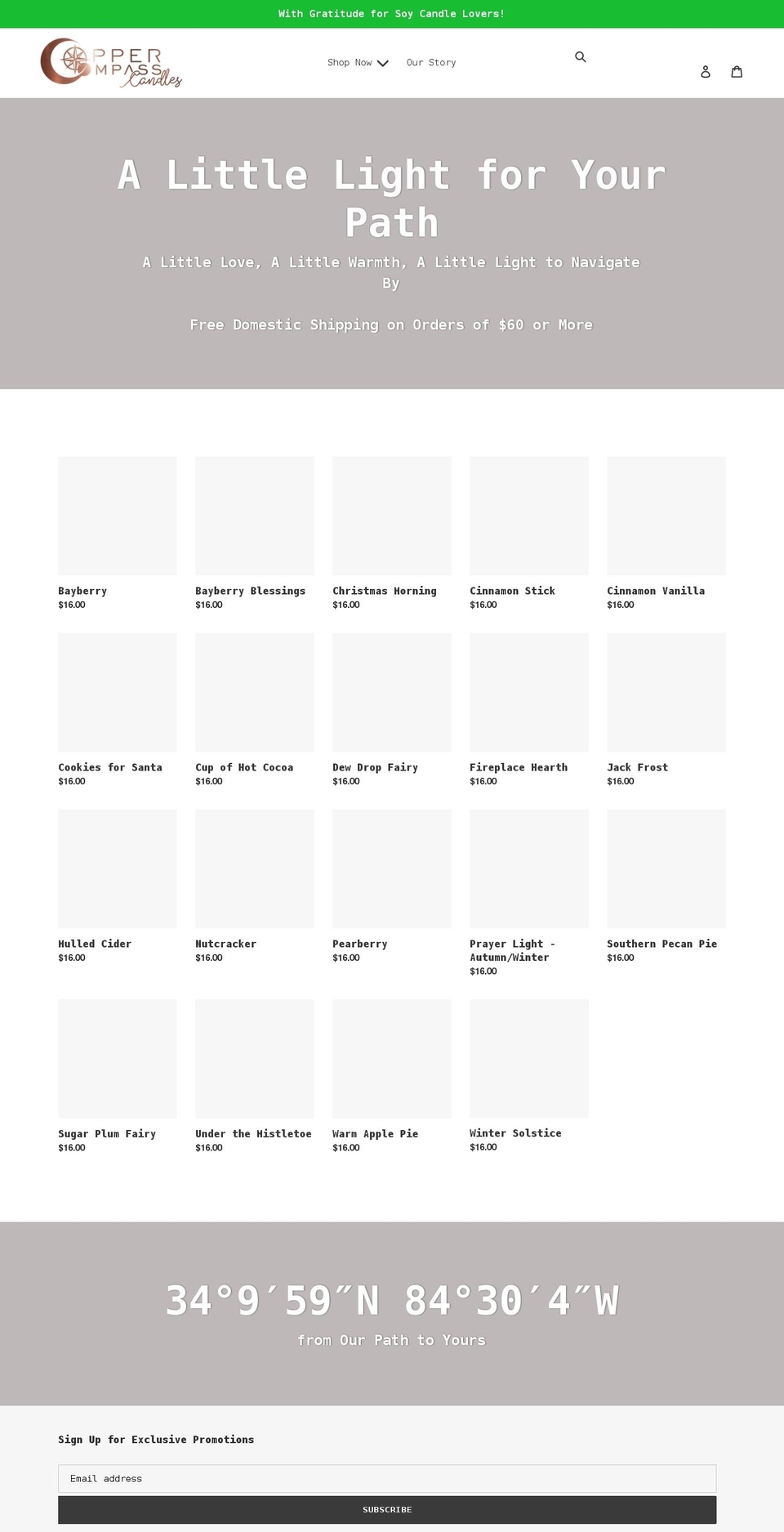 coppercompasscandles.com shopify website screenshot