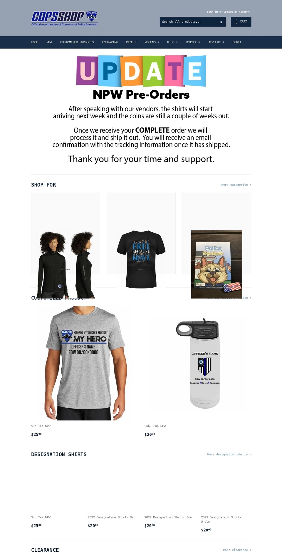 copsshop.org shopify website screenshot