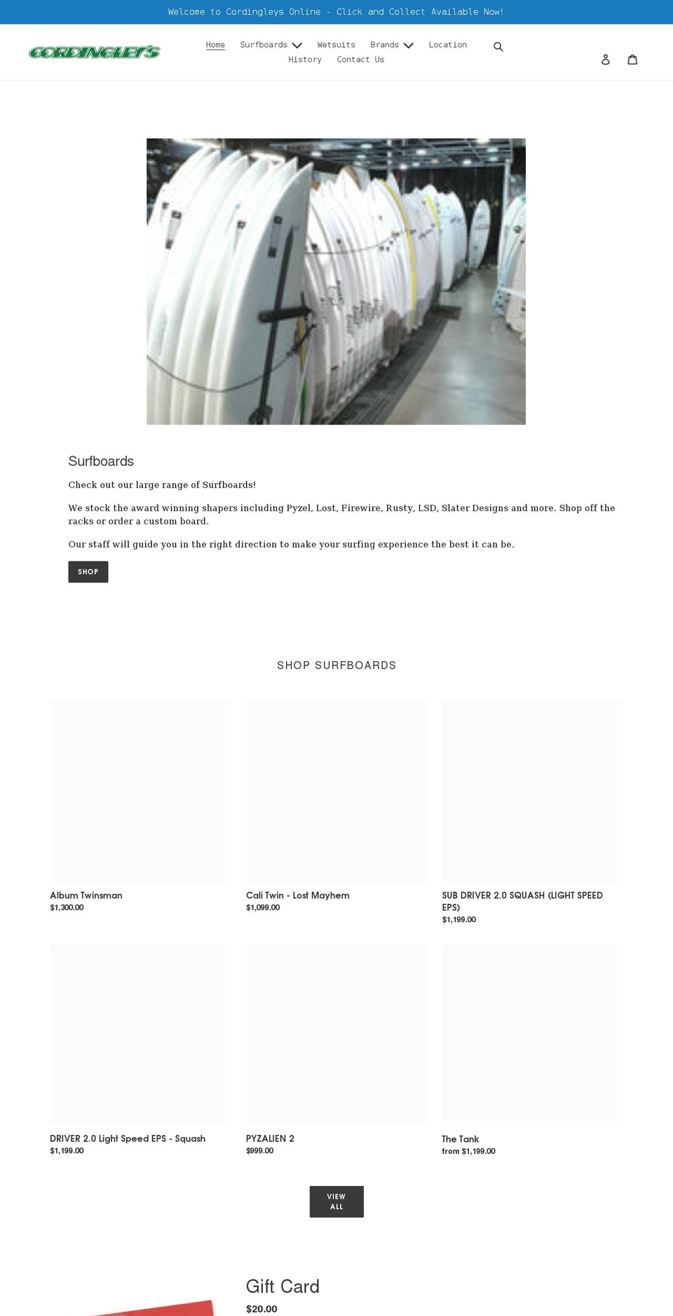 cordingleyssurf.com.au shopify website screenshot