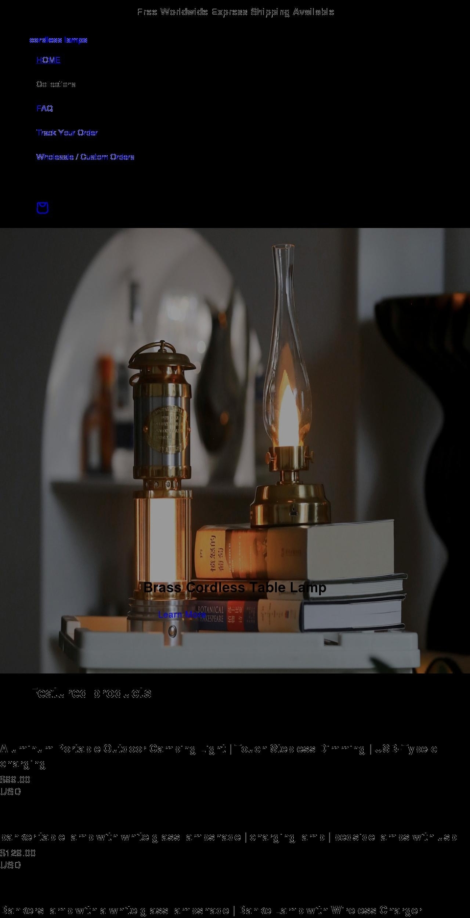 cordless-lamps.com shopify website screenshot
