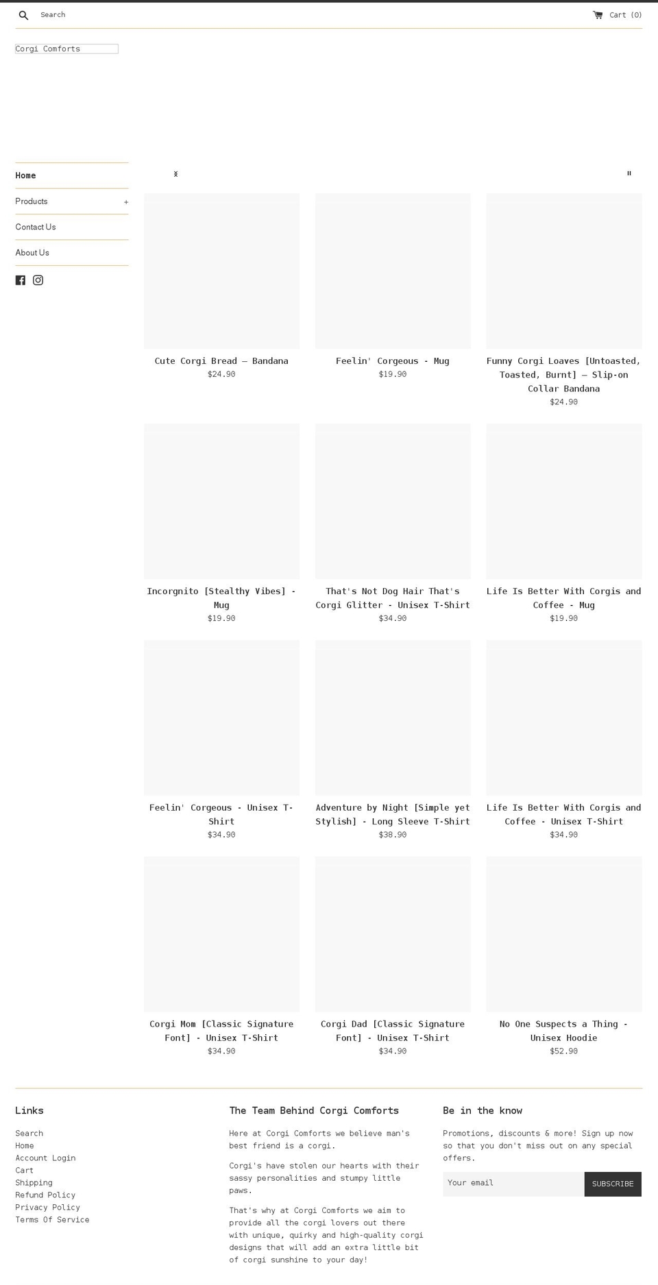 corgicomforts.com shopify website screenshot