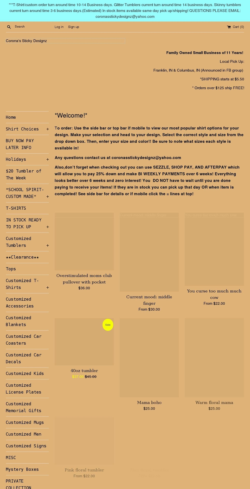 coronasstickydesignz.com shopify website screenshot