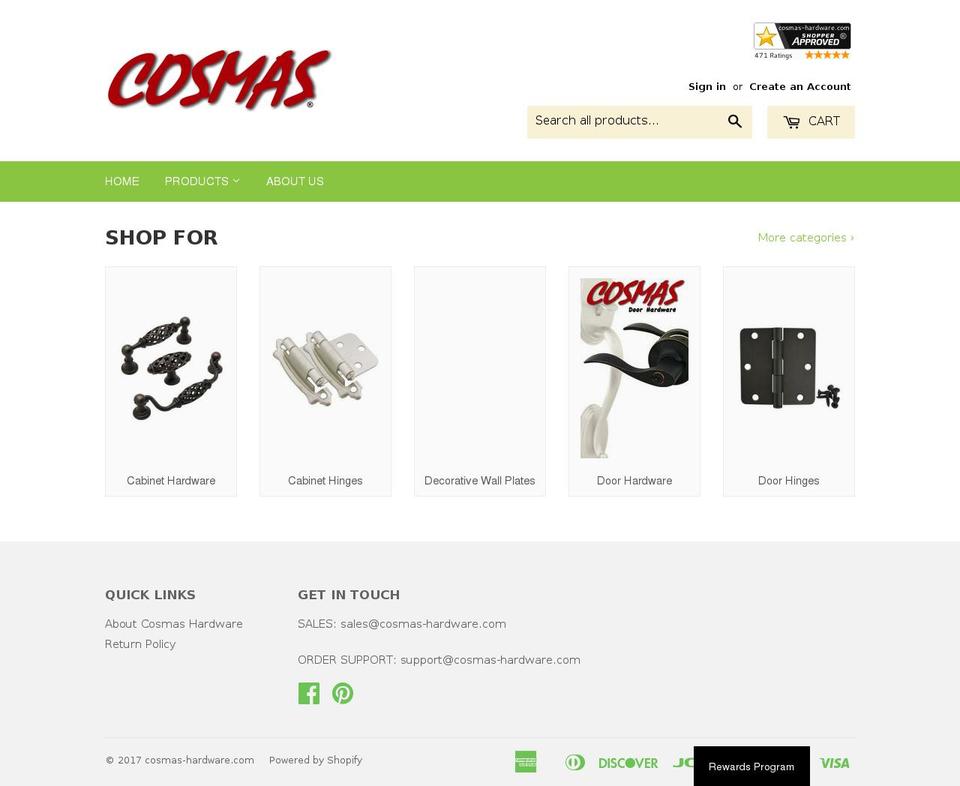 cosmas-hardware.com shopify website screenshot