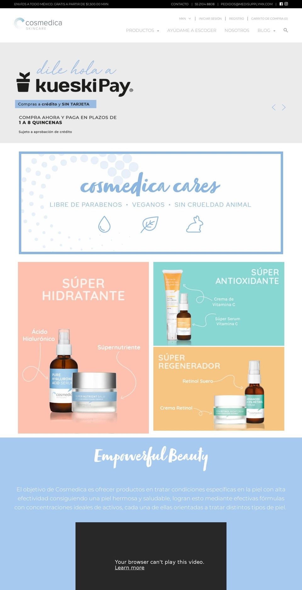 cosmedica-skincare.com.mx shopify website screenshot