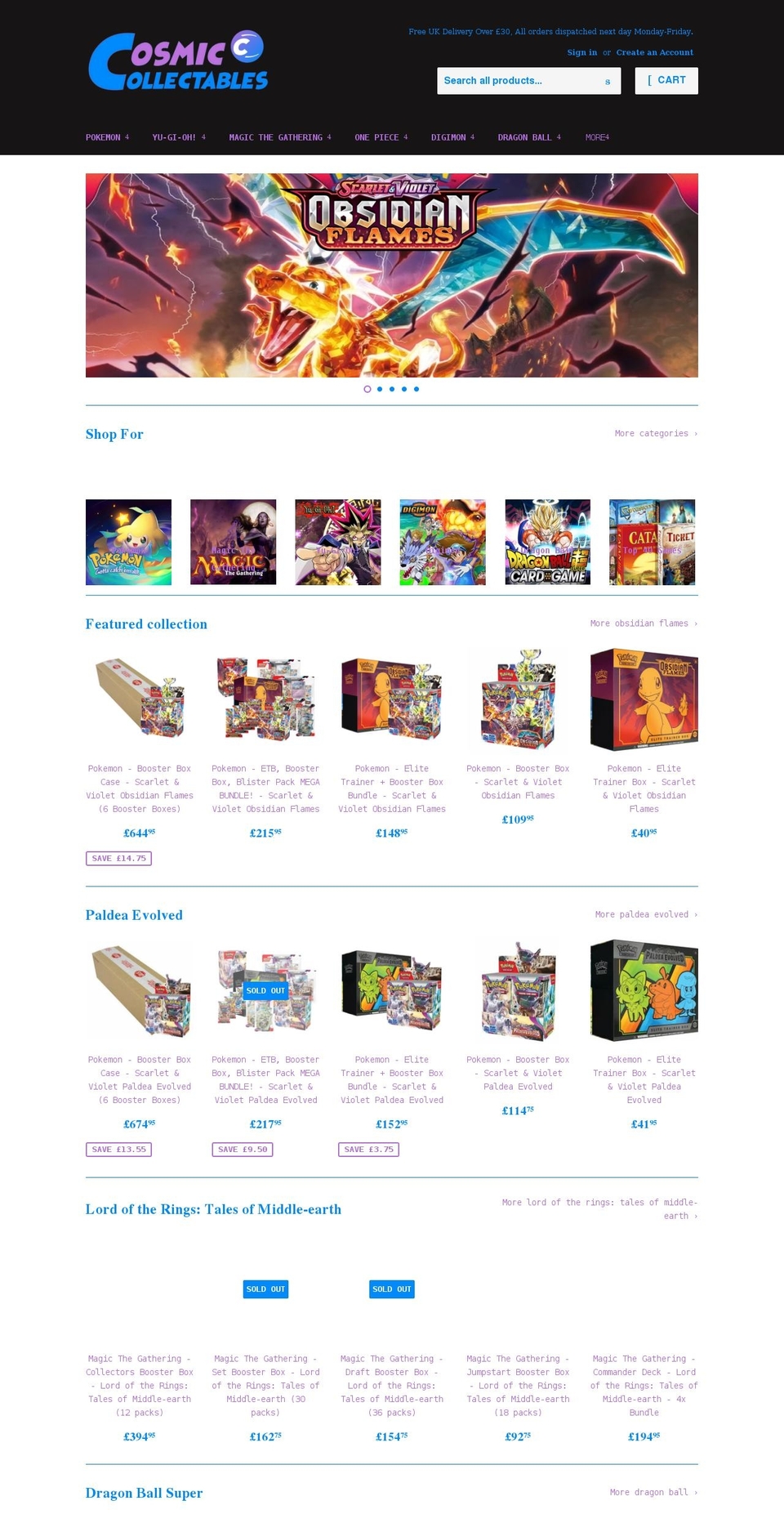 cosmiccollectables.co.uk shopify website screenshot