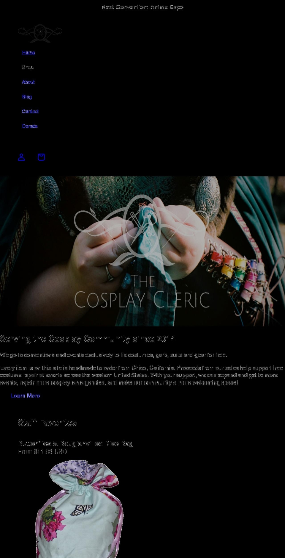 cosplaycleric.org shopify website screenshot