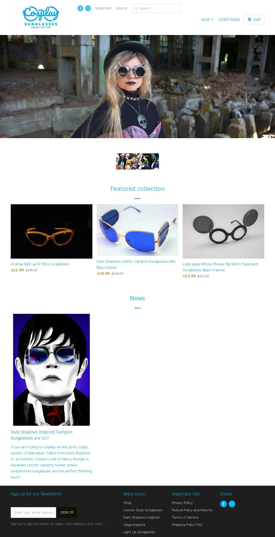 cosplaysunglasses.com — Shopify storefront screenshot