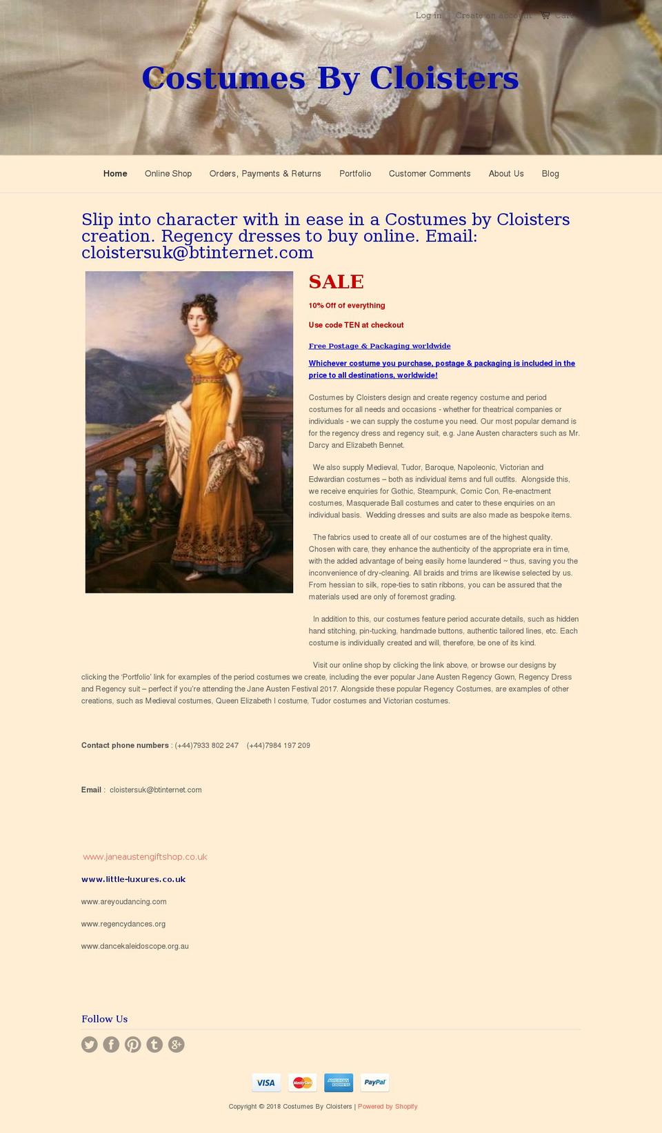 costumesbycloisters.com — Shopify storefront screenshot