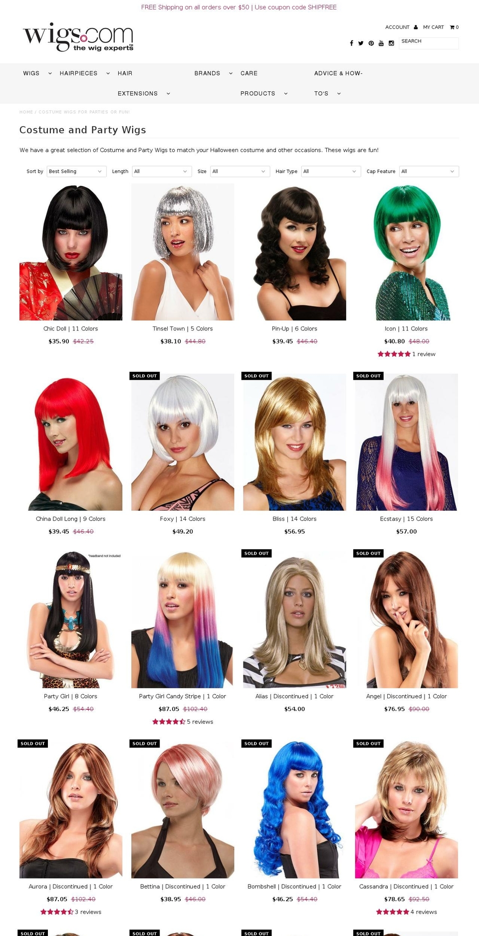 costumewigs.org shopify website screenshot