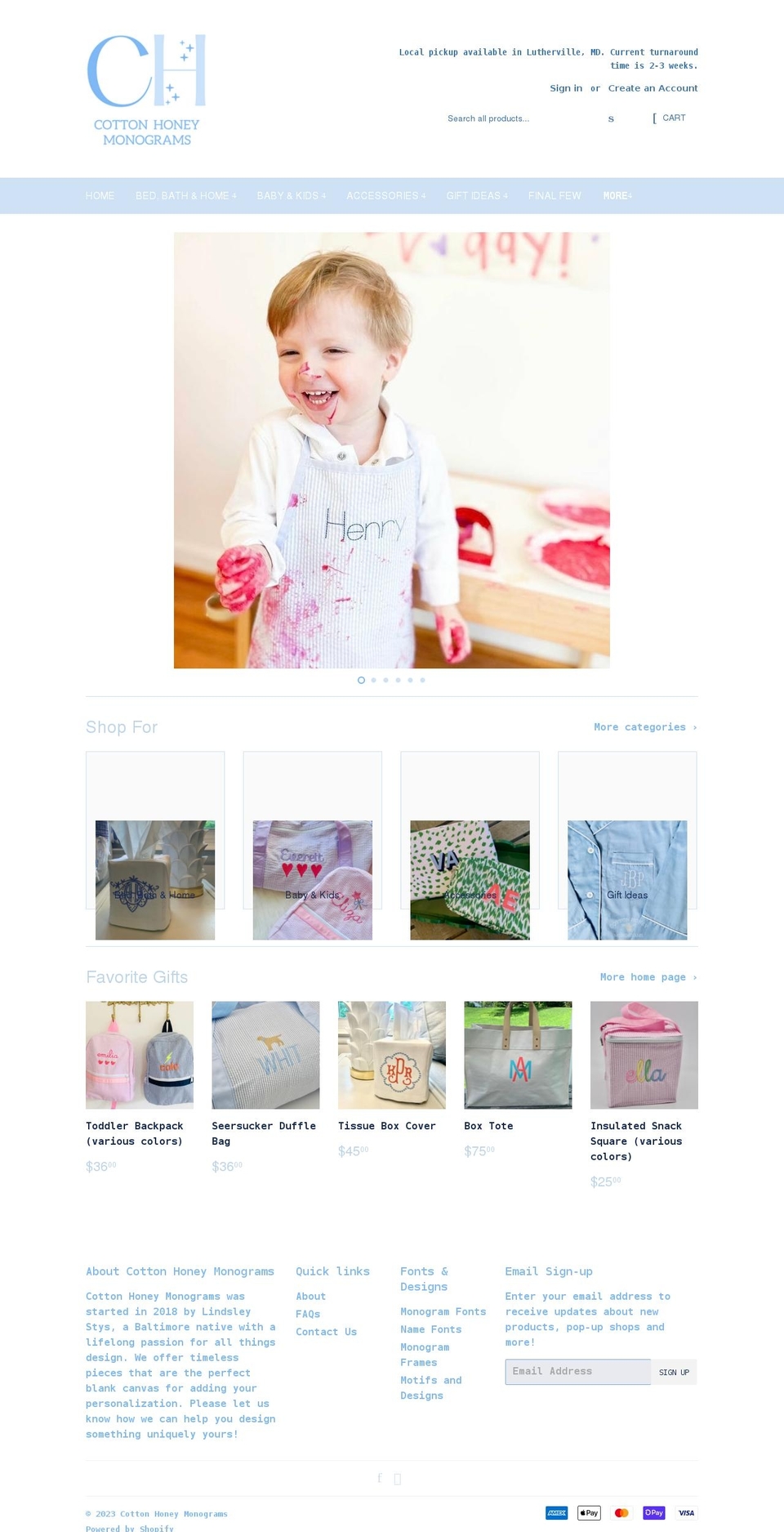 cottonhoneymonograms.com shopify website screenshot