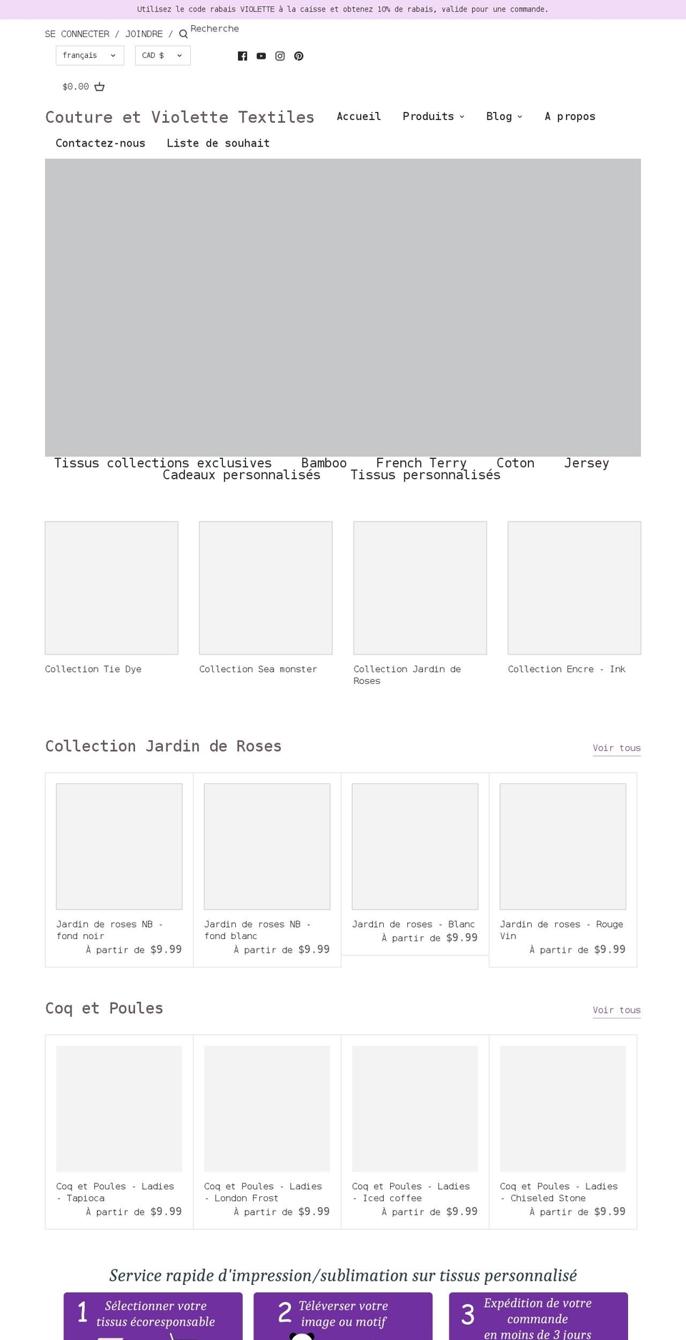 coutureviolettetextiles.ca shopify website screenshot