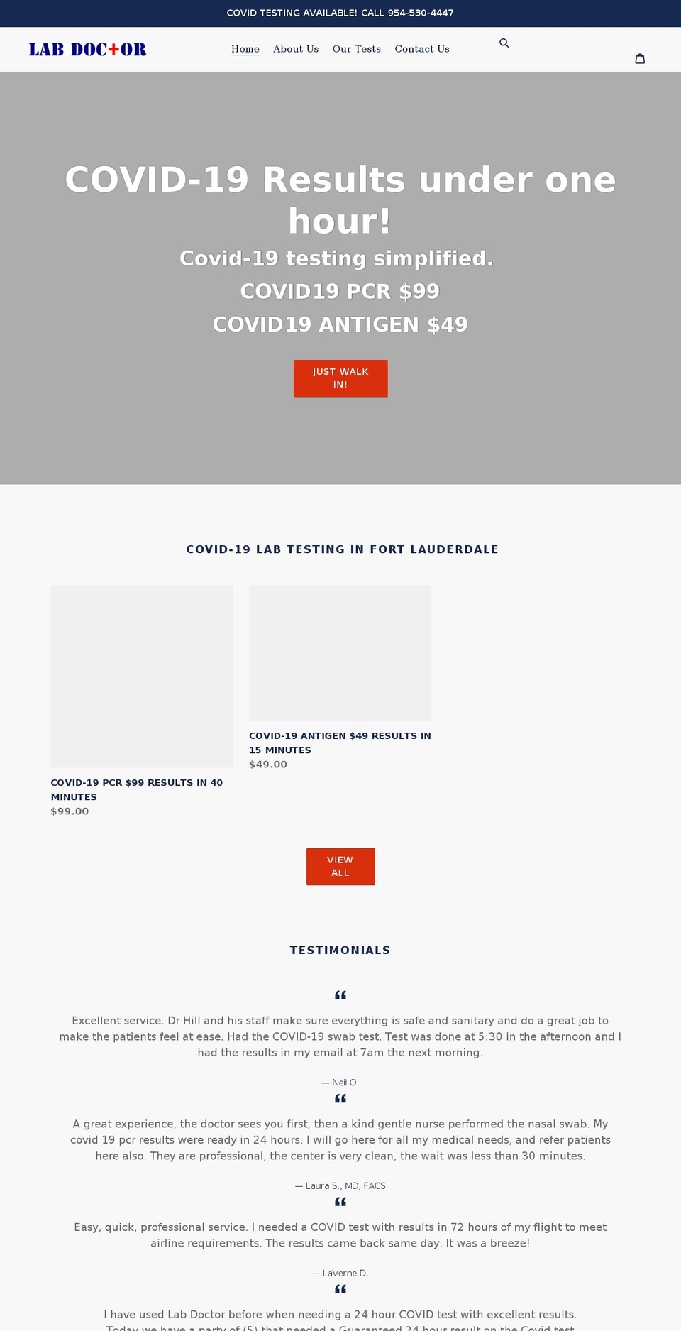 covid19testfortlauderdale.com shopify website screenshot