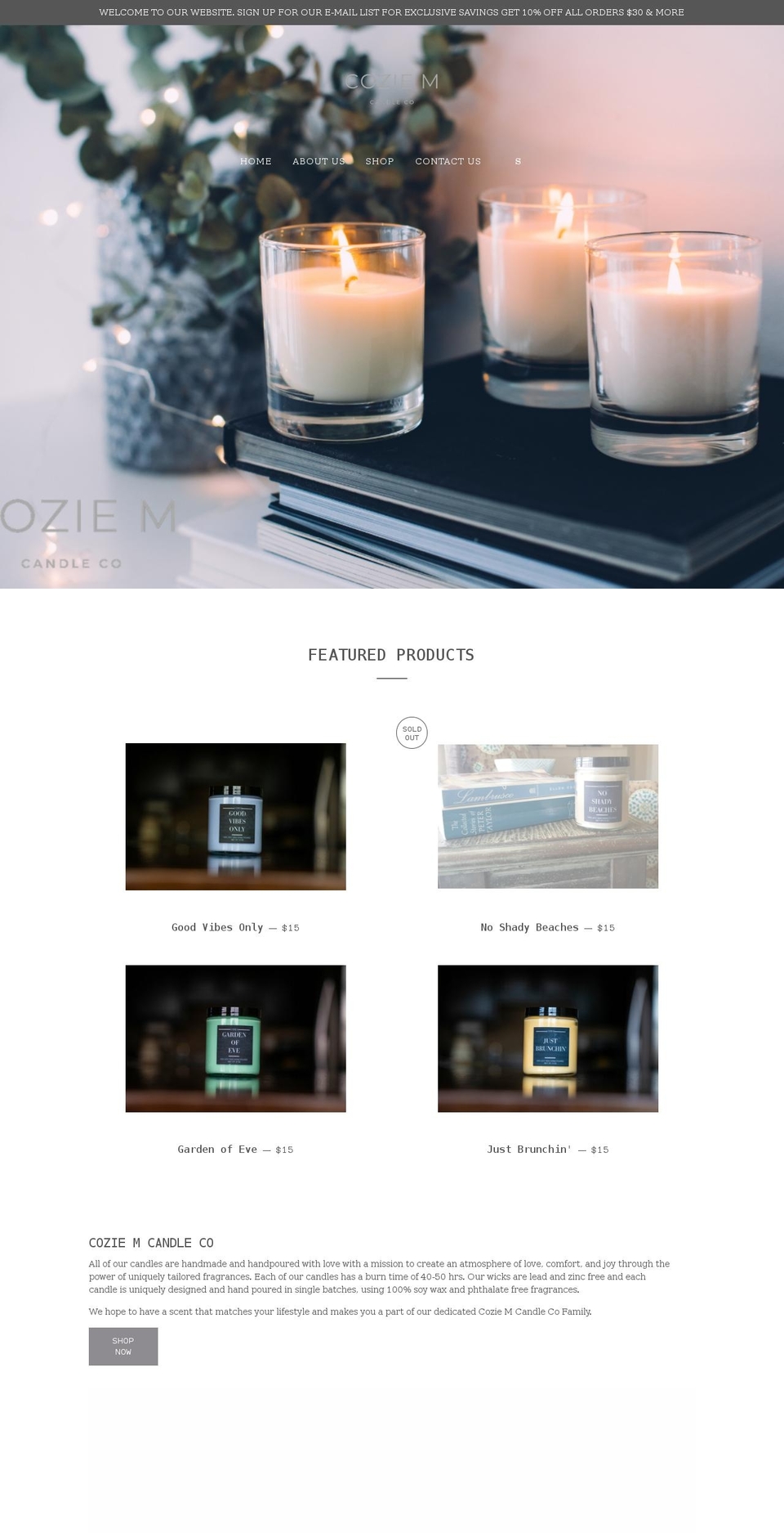 coziemcandle.com shopify website screenshot