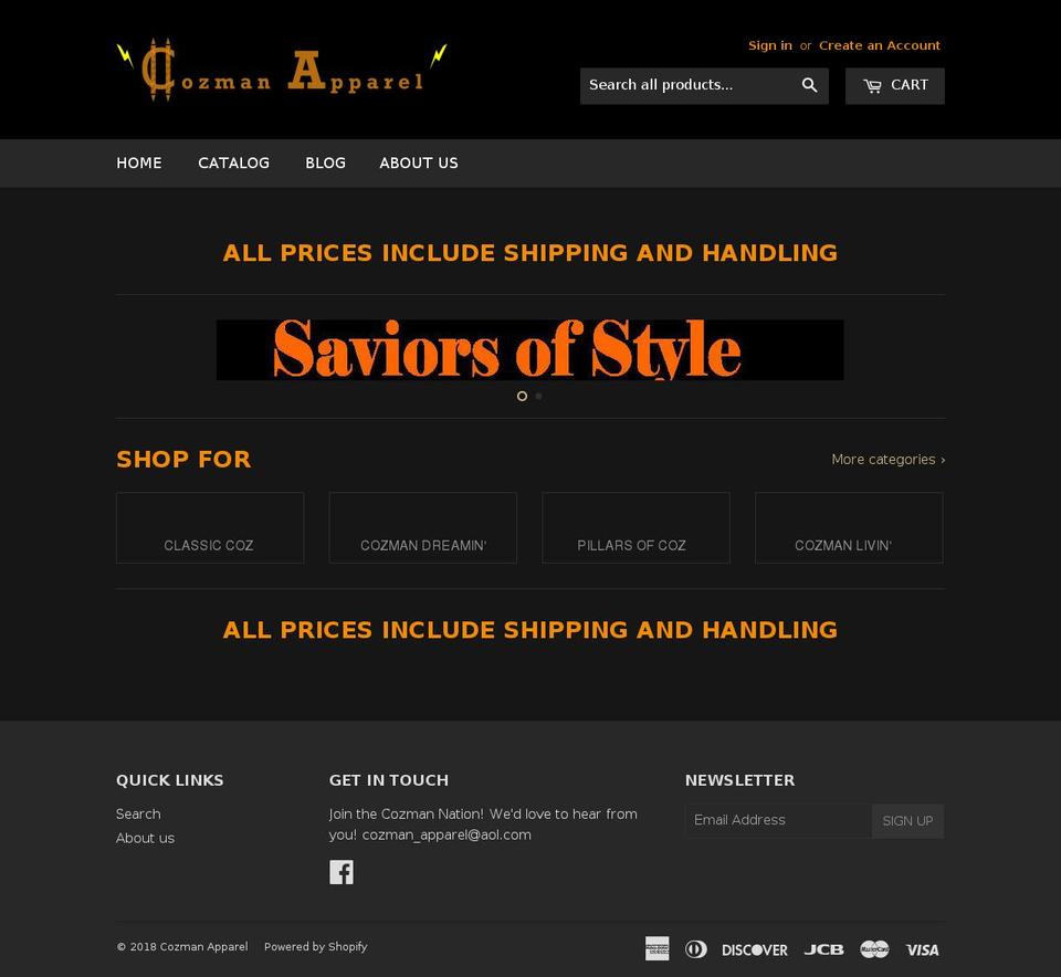 cozmanapparel.com shopify website screenshot