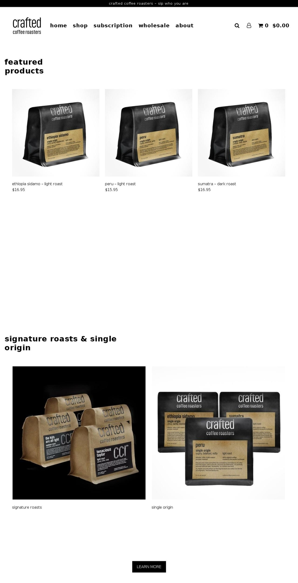 craftedcoffeeroasters.com — Shopify storefront screenshot