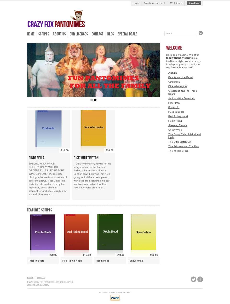 crazyfoxpantomimes.com shopify website screenshot