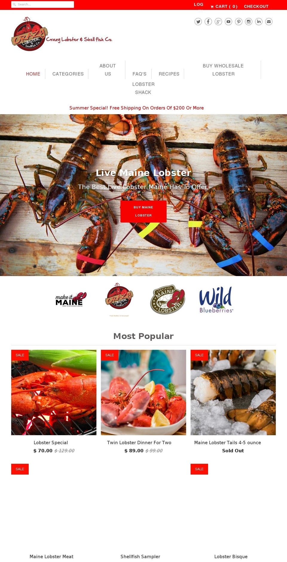 crazylobstershellfish.com shopify website screenshot