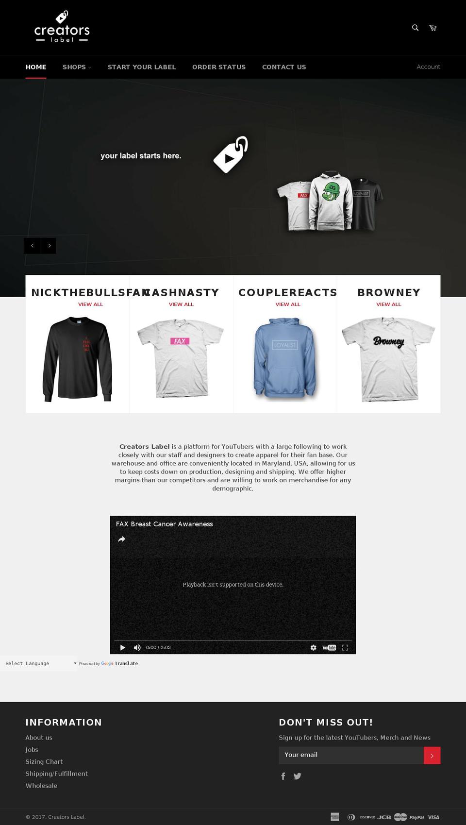 Wokiee Shopify theme site example creatorslabel.com