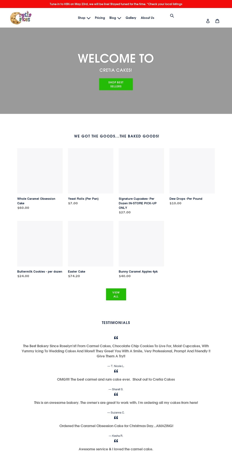 cretiacakes.com shopify website screenshot