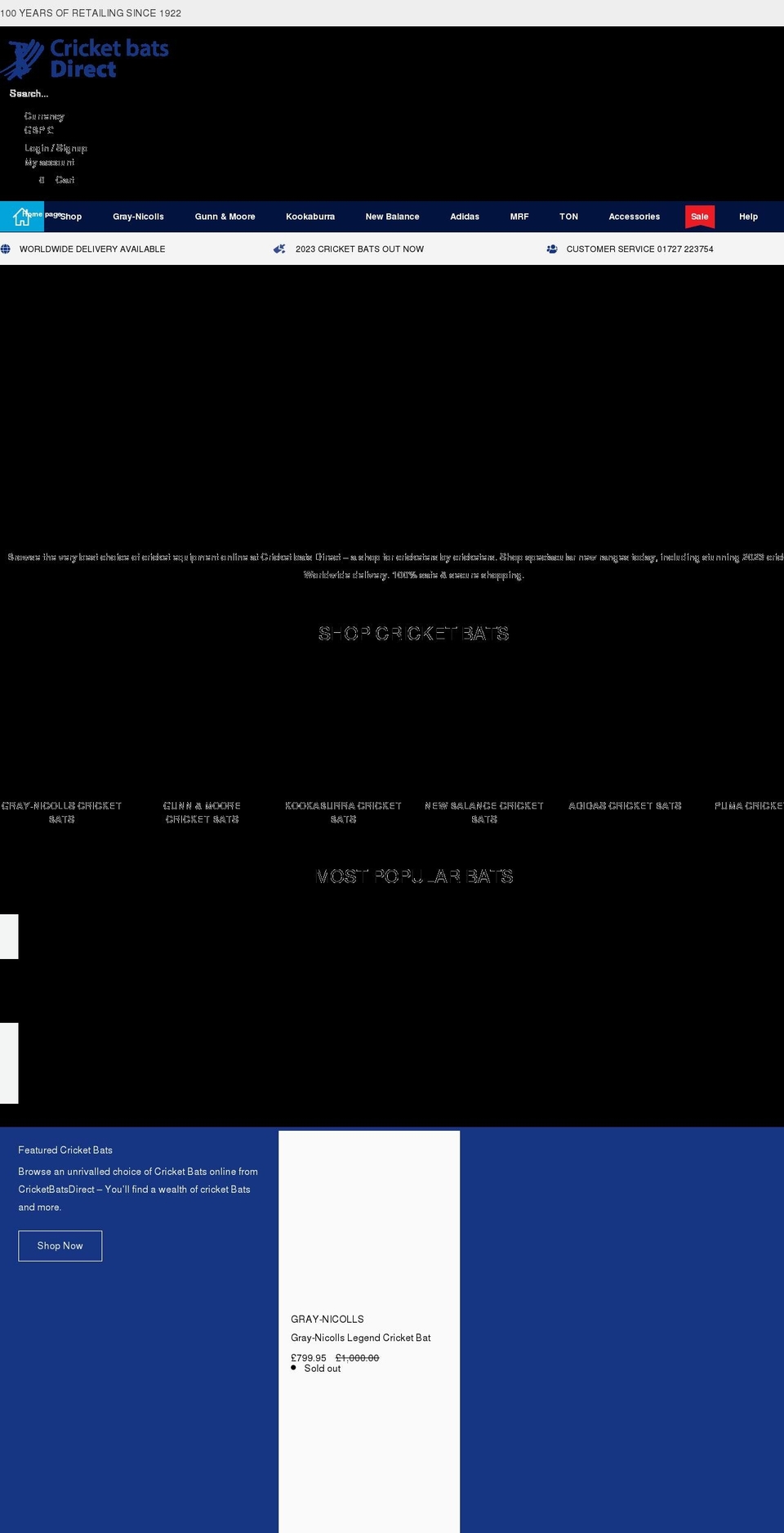 cricketbatsdirect.com shopify website screenshot