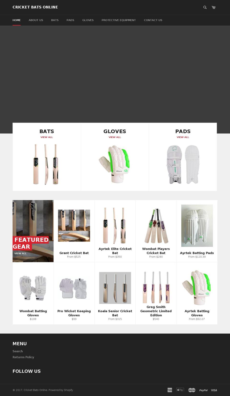 cricketbatsonline.com shopify website screenshot