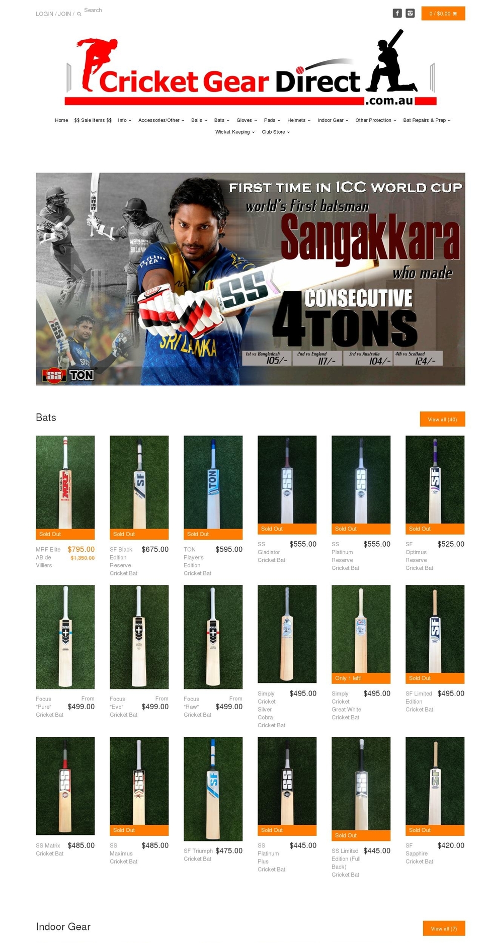 cricketgeardirect.com.au shopify website screenshot