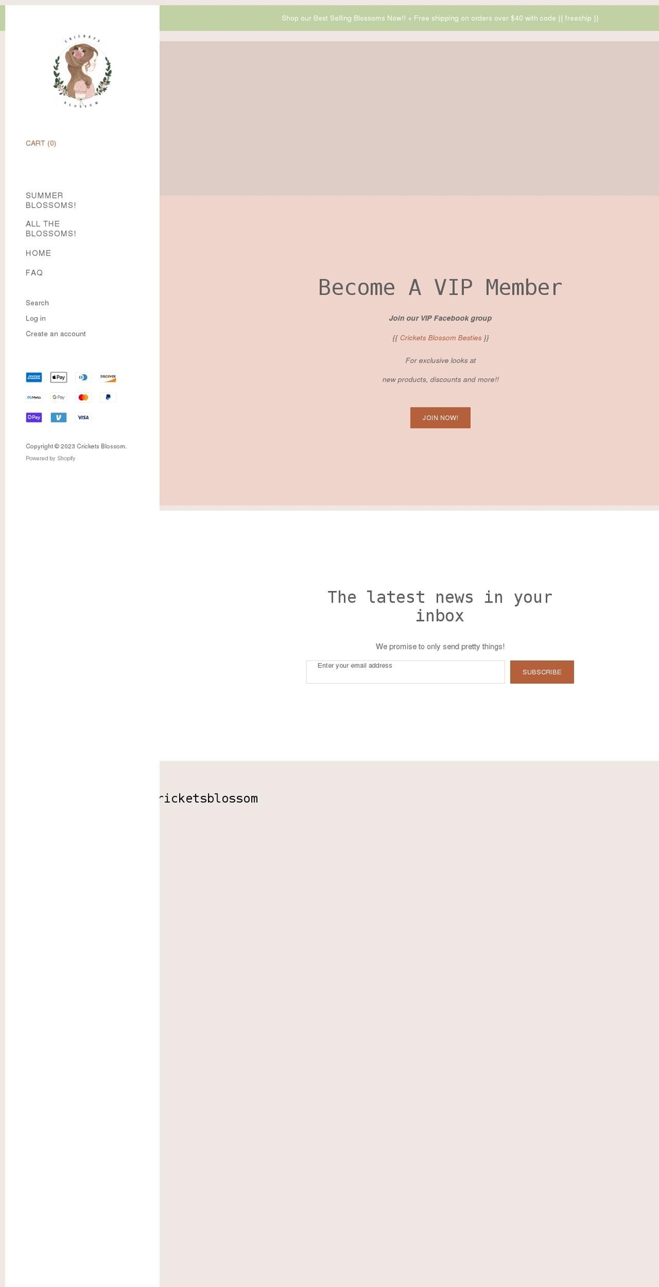 cricketsblossom.com — Shopify storefront screenshot