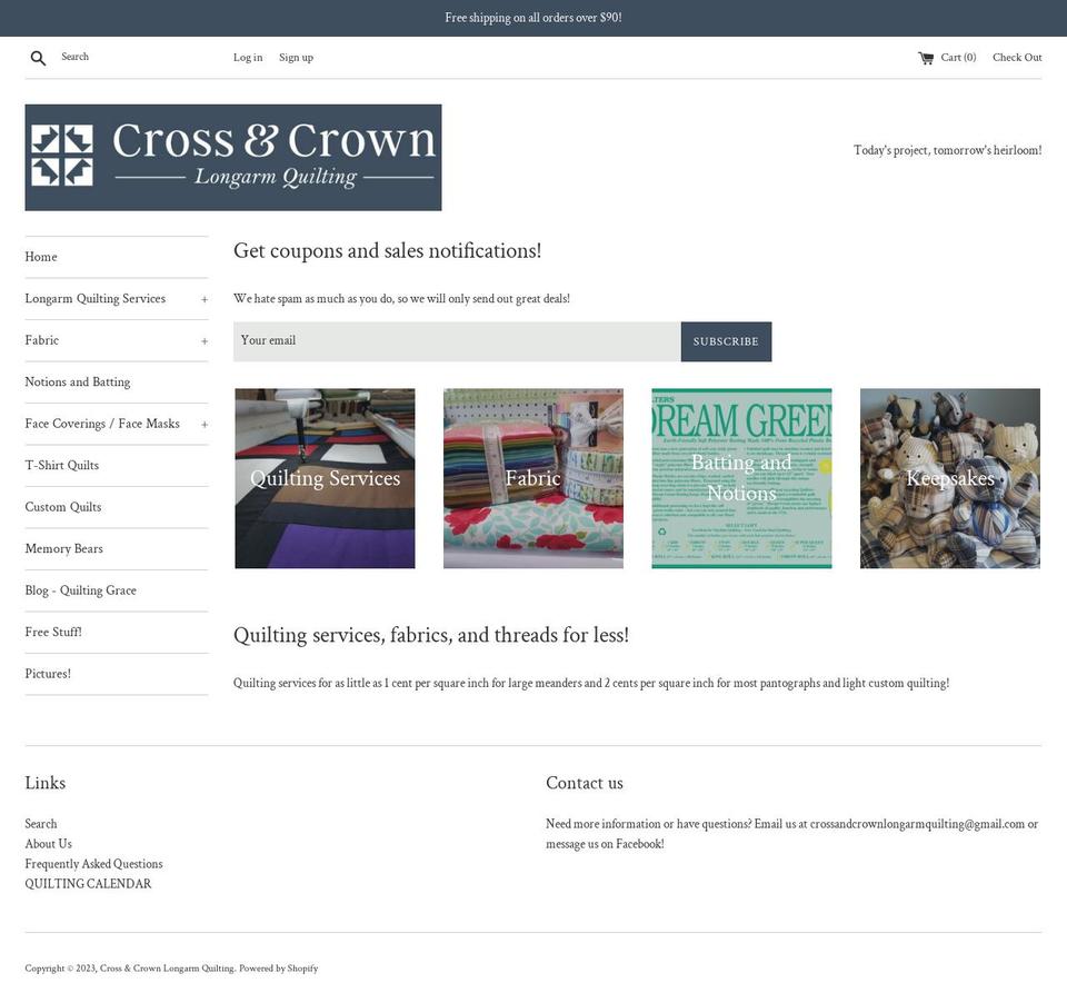 crossandcrownlongarmquilting.com — Shopify storefront screenshot