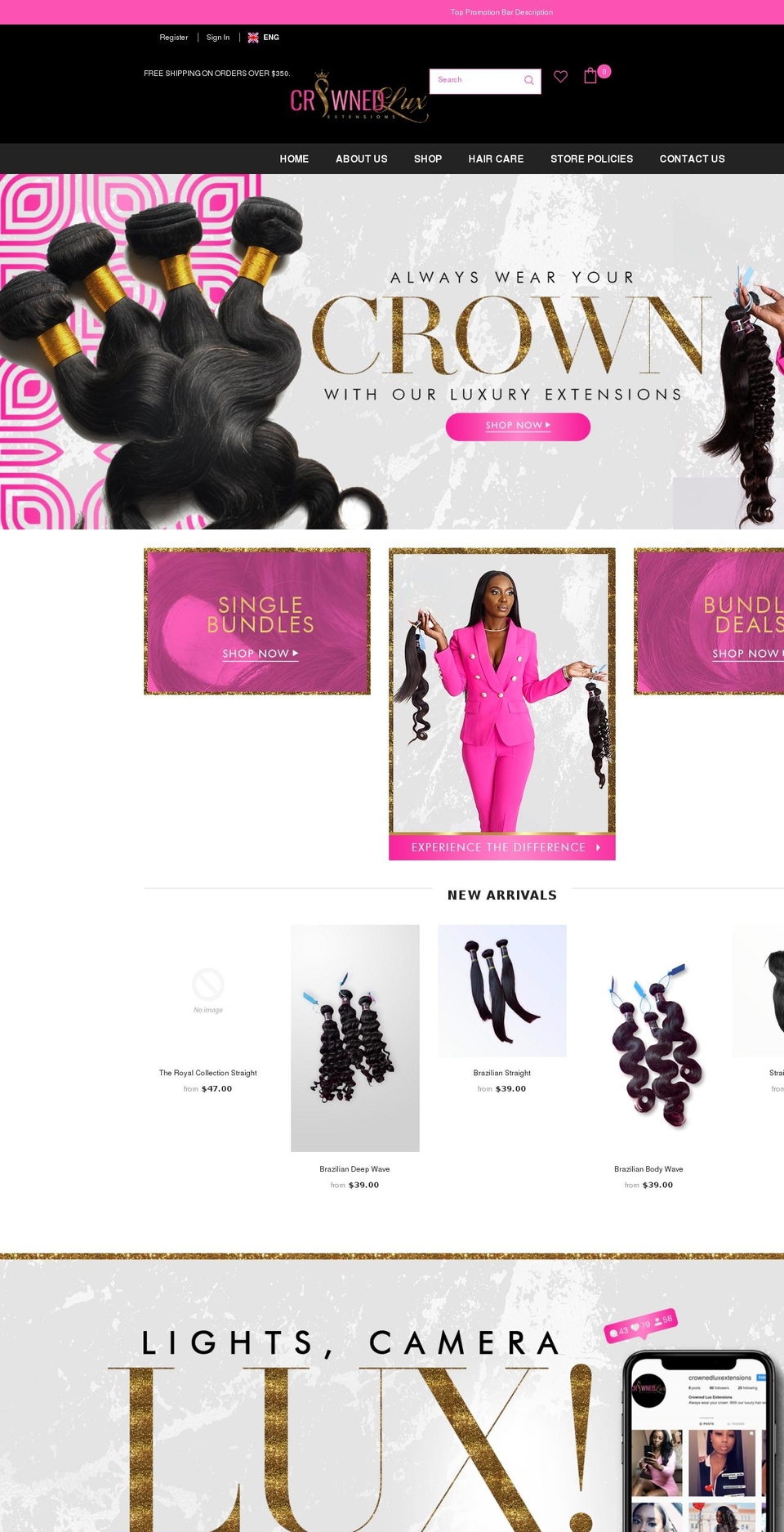 crownedluxextensions.com shopify website screenshot