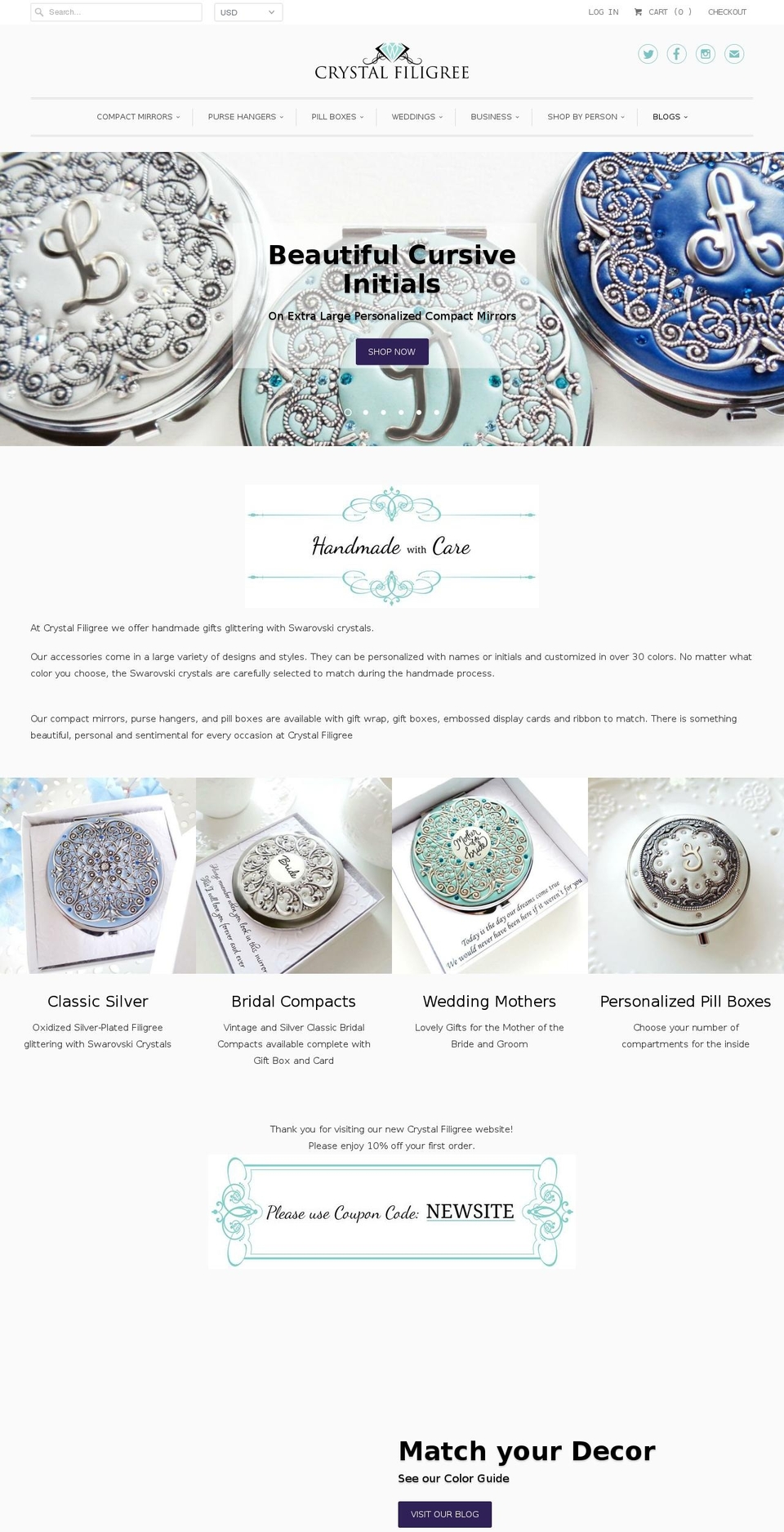crystalfiligree.com — Shopify storefront screenshot
