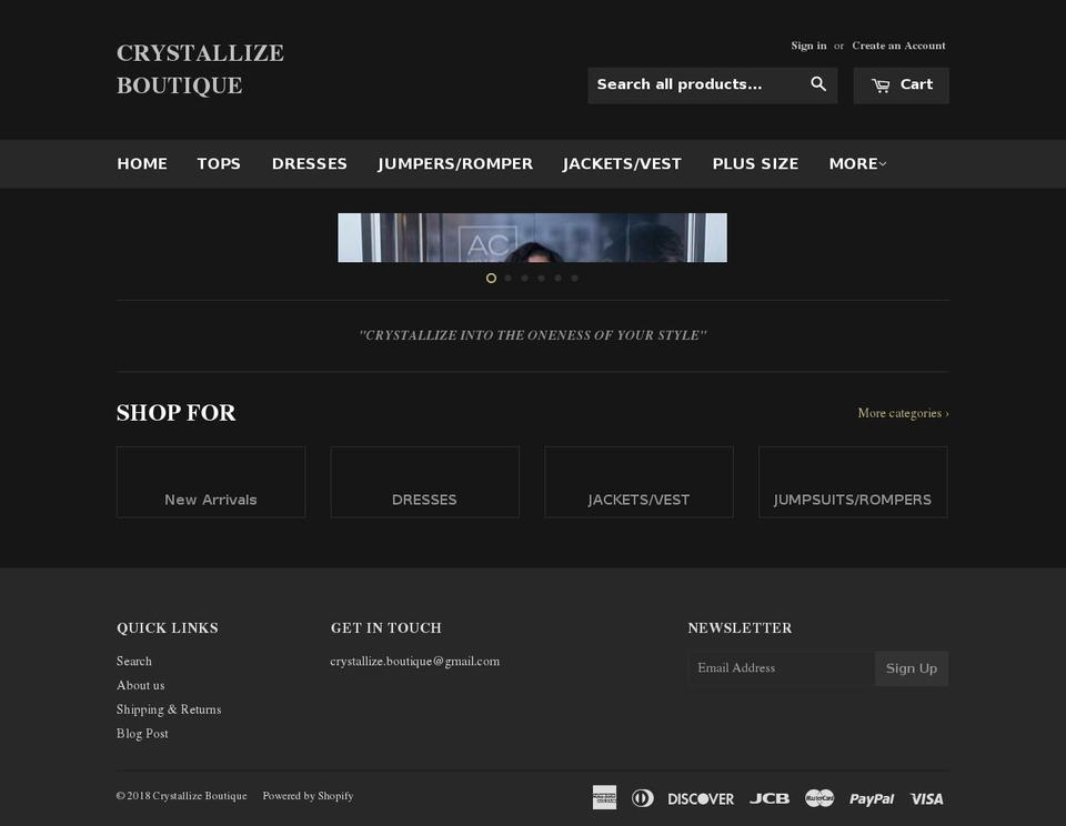 crystallizeboutique.com — Shopify storefront screenshot