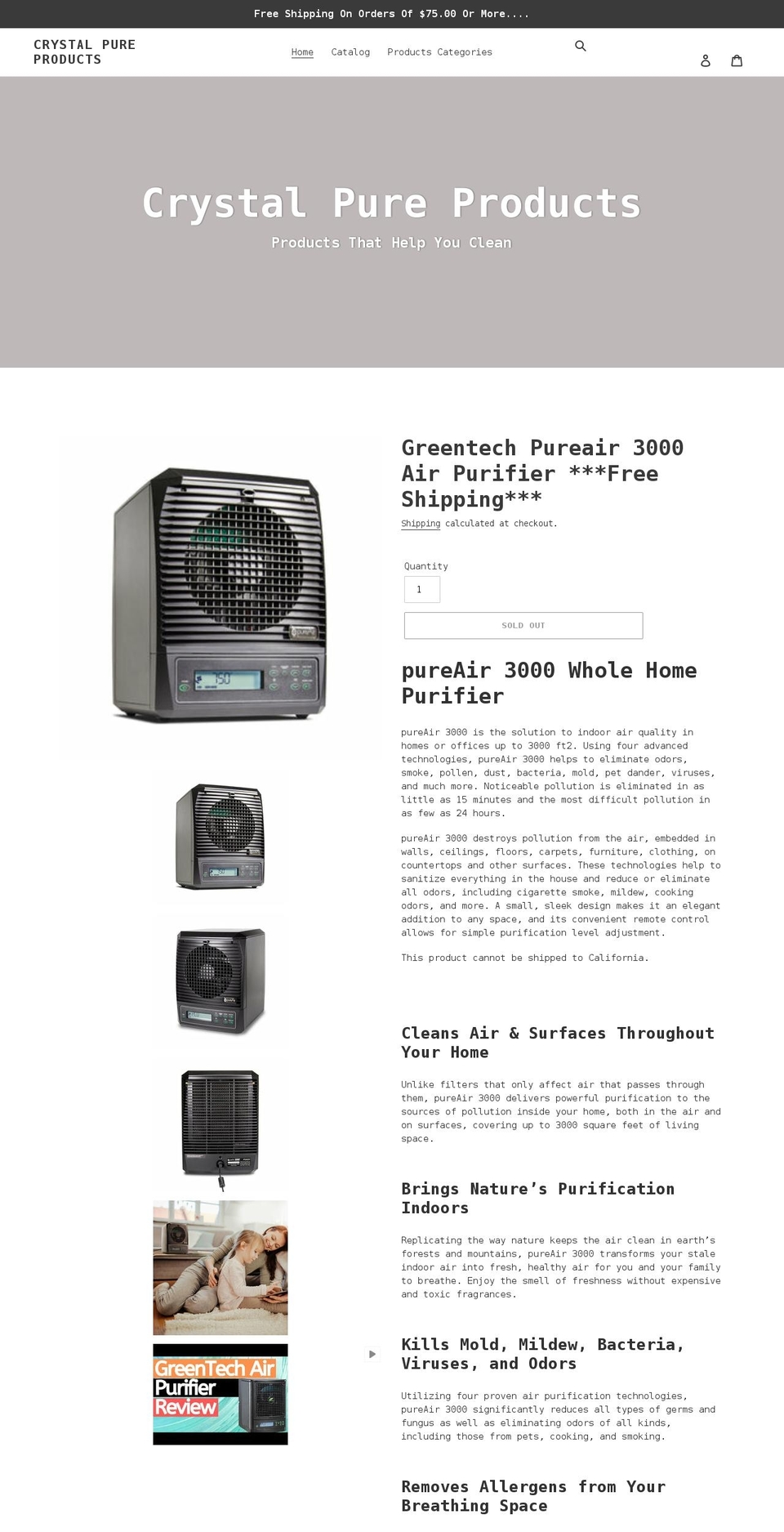 crystalpureproducts.com shopify website screenshot
