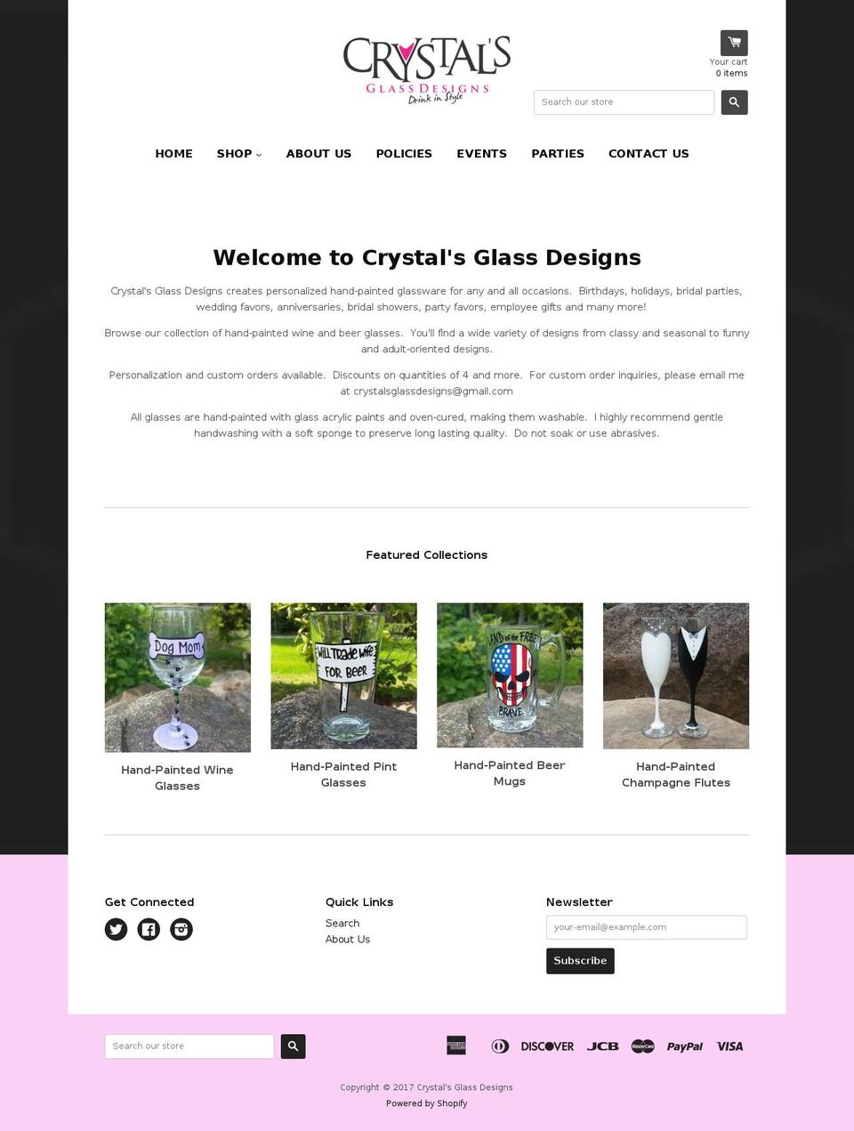 crystalsglassdesigns.com shopify website screenshot
